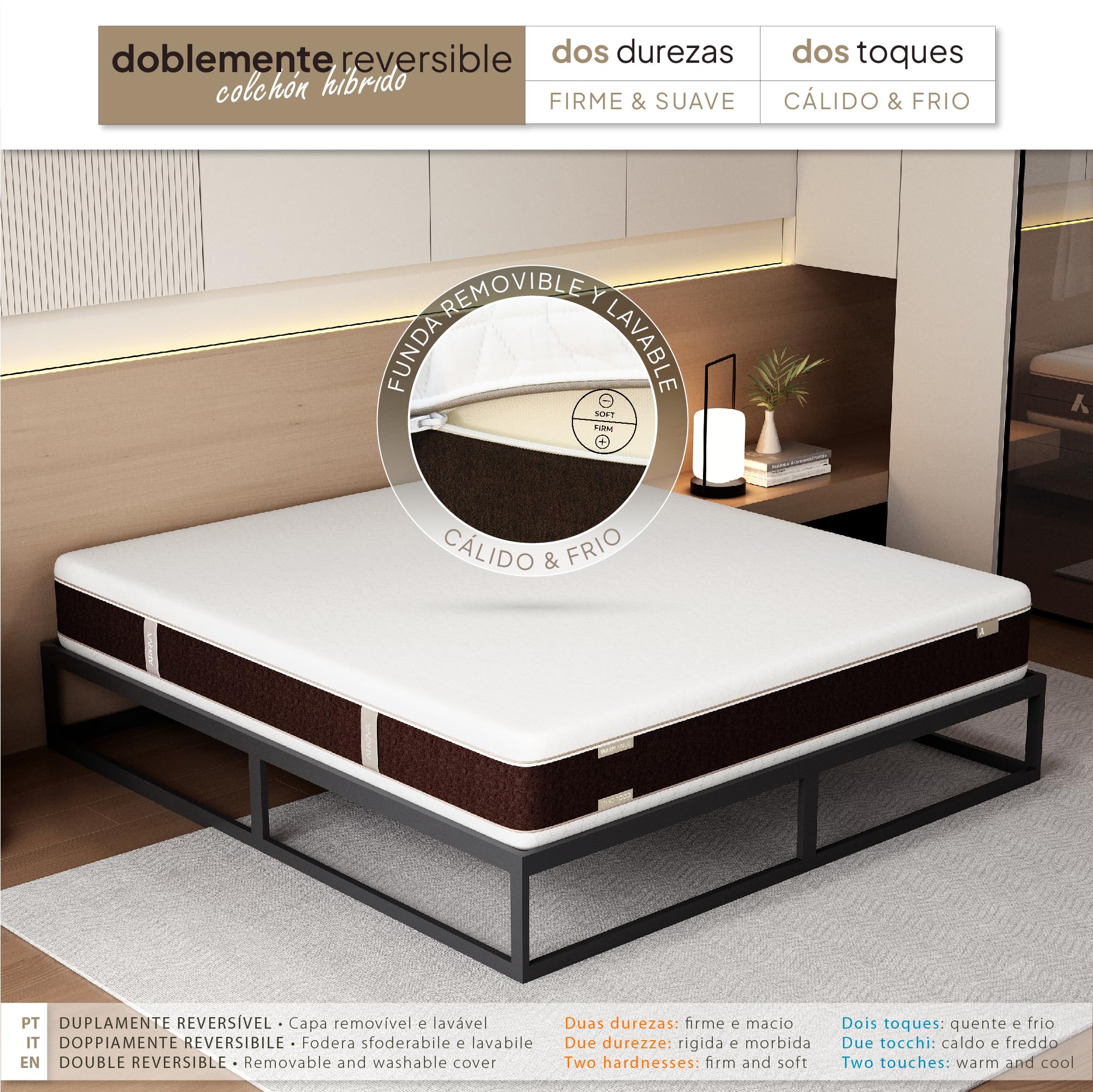 Colchón viscoelástico con muelles ensacados 150 x 200 cm TENKAI by ARQYA, 28 cm Altura, Doble Cara frío y Calor, firmeza Media y Alta, 7 Zonas ergonómicas, Ideal para Cama de Matrimonio