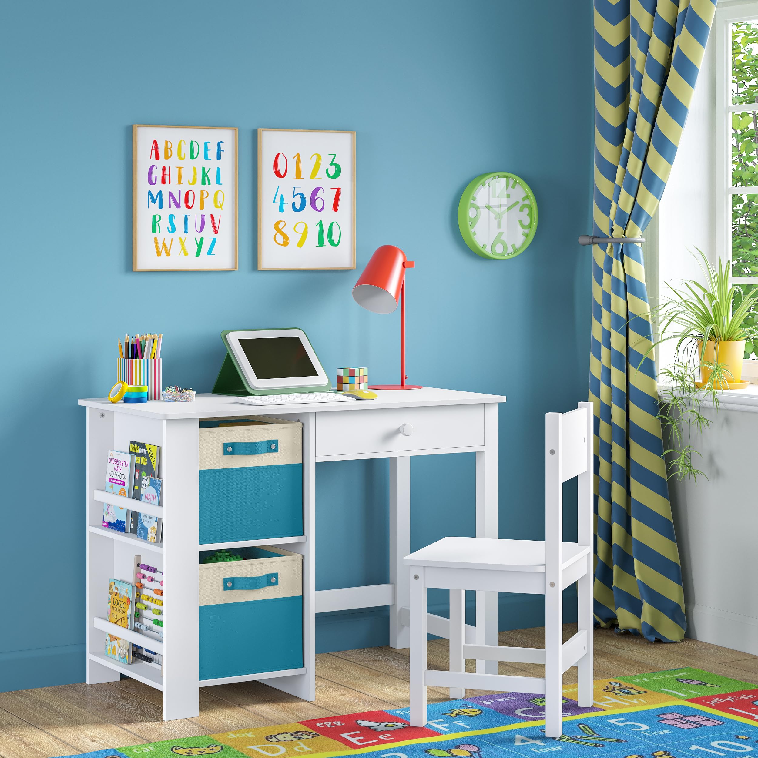 RiverRidge Kids Chair and Desk Set with Storage Cubbies, Drawer & Bookracks - Art Table Desk for Bedroom Table with 2 Folding Fabric Turquoise Storage Bins
