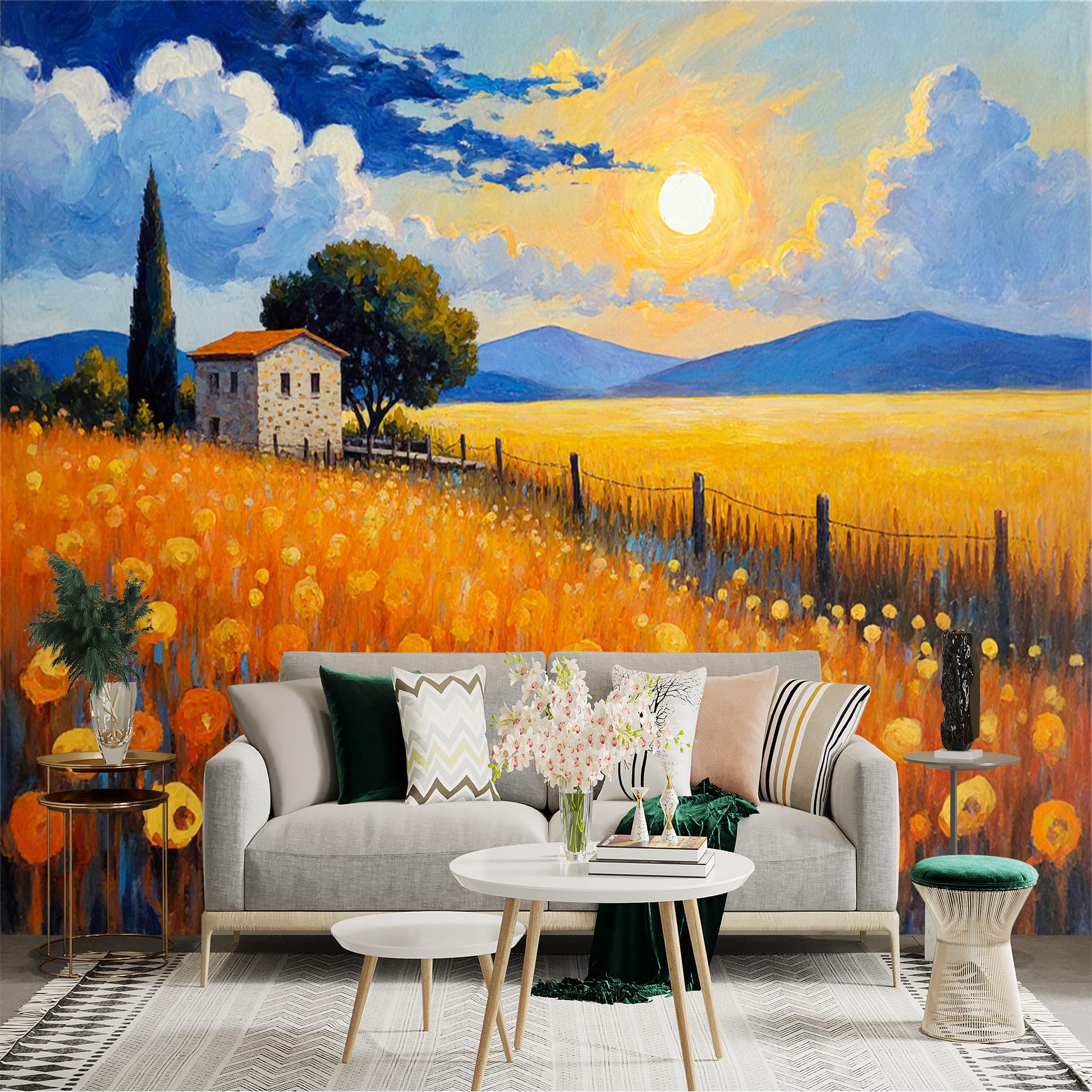 Lnzczhyre Xc260505205 Custom Size Wall Sticker Mural， Sunset Over Golden Wheat Field， Rustic Farmhouse， Vibrant Nature Landscape， Impressionist Art Style， For Wall Decoration， Peelandstick Wall Decals.