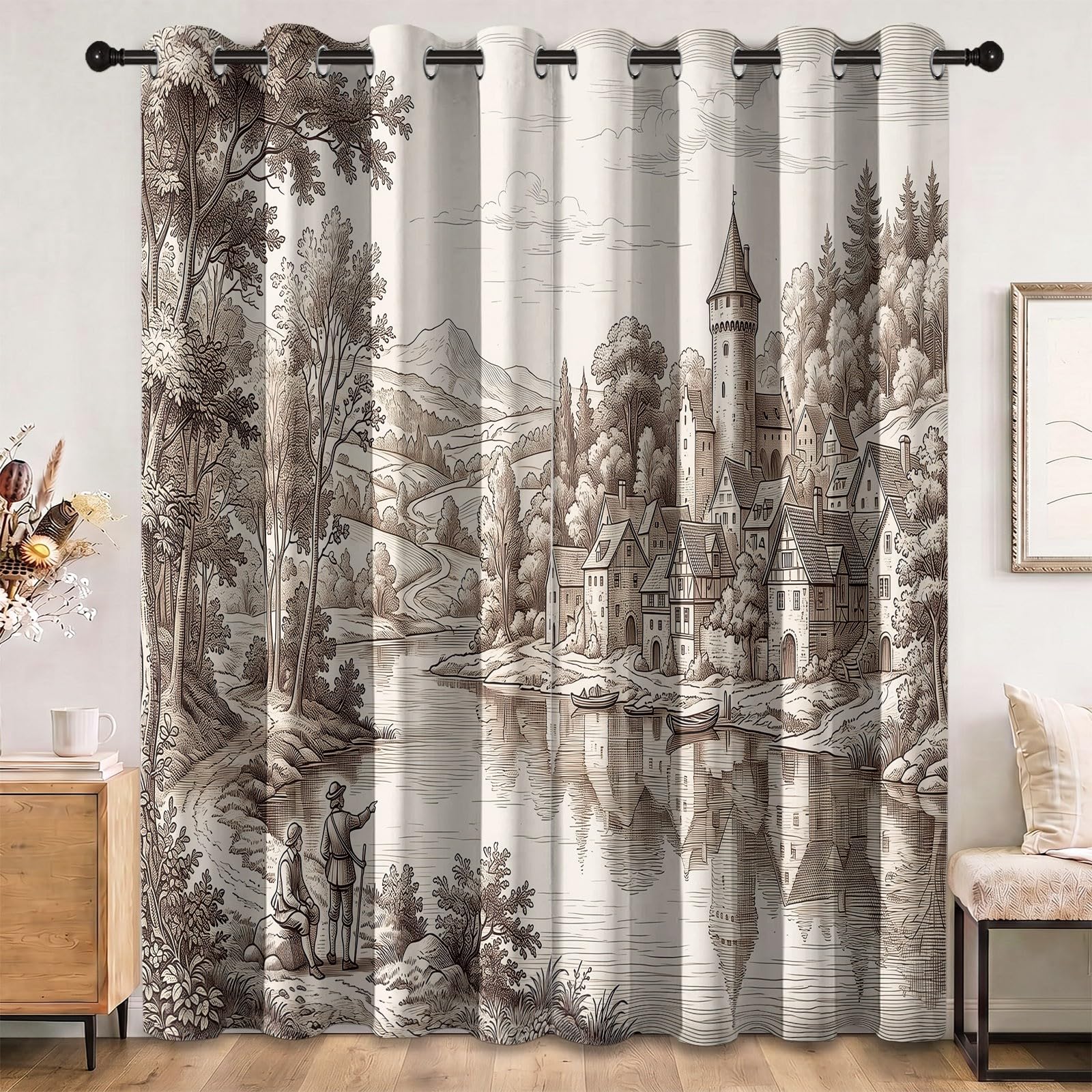 Abstrakcyjne zasłony zaciemniające 70 L x 240H cm (2 panele), termoizolacyjne mocowanie z oczkami jednokolorowe jezioro i odbicie na wodzie do domowego biura, brązowe