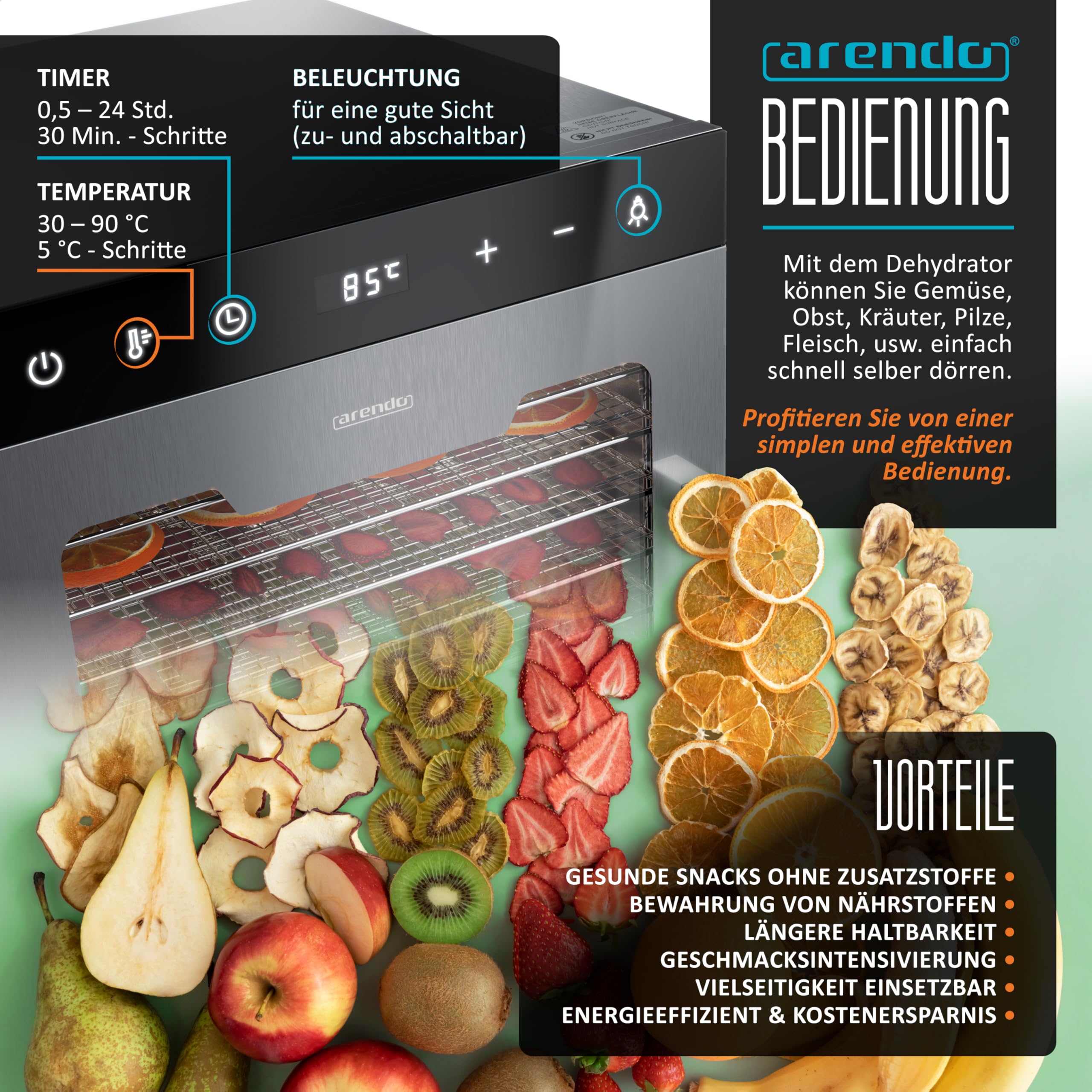 Arendo - Dörrautomat Edelstahl mit 12 Edelstahlgitter - 800 W - 30°- 90°C - 12 Edelstahl Einlegetabletts mit insgesamt 10.000 cm² - Dörrgerät Dehydrator Obsttrockner Dörrapparat - Obst Fleisch Pilze