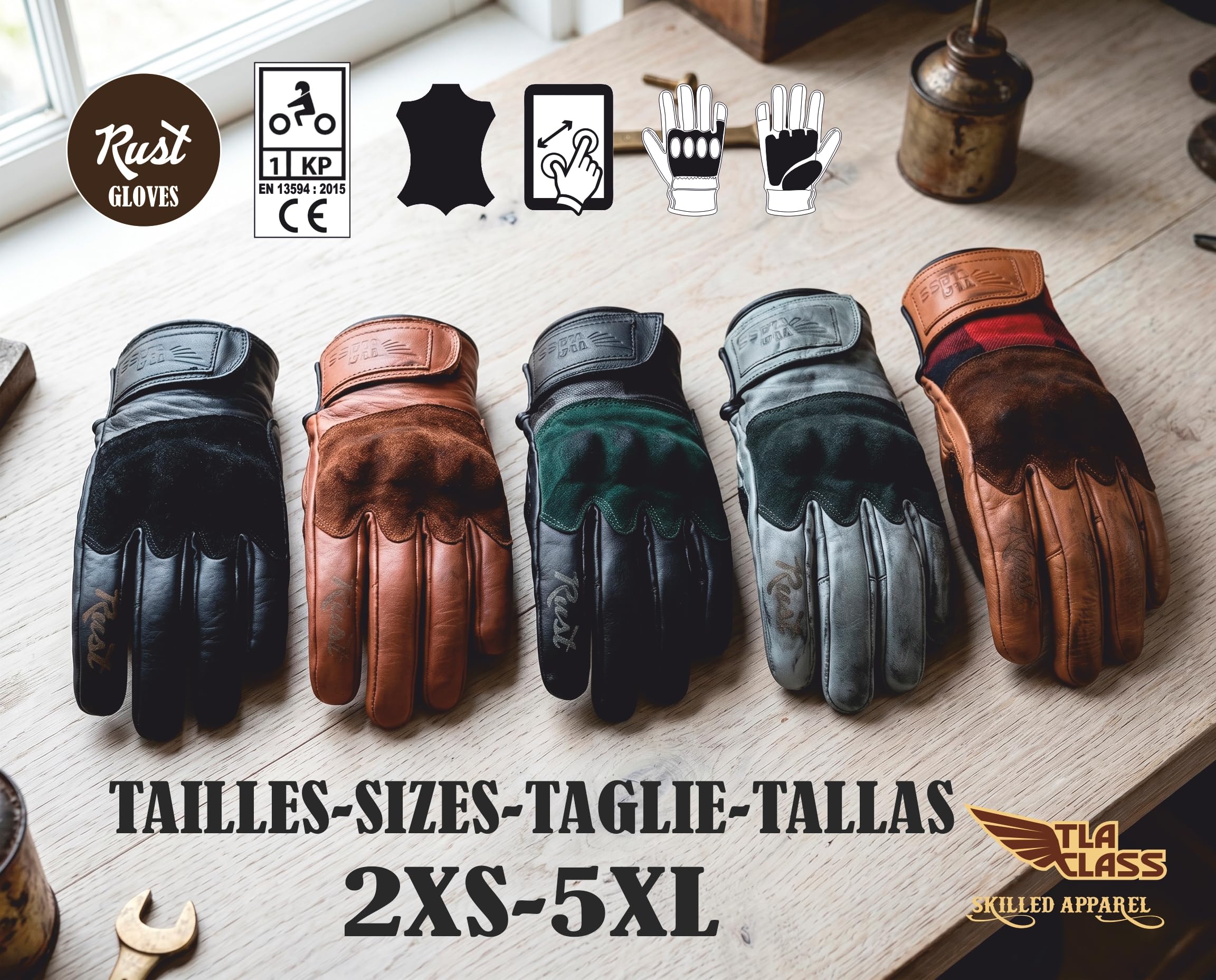 TLA Rust Gants de Moto Vintage en Cuir, Protections des articulations, homologuées CE, 2XS à 4XL pour Hommes et Femmes, pour cafè Racer, Scooter, écrans tactiles, Protection Contre Les Chocs élevés.
