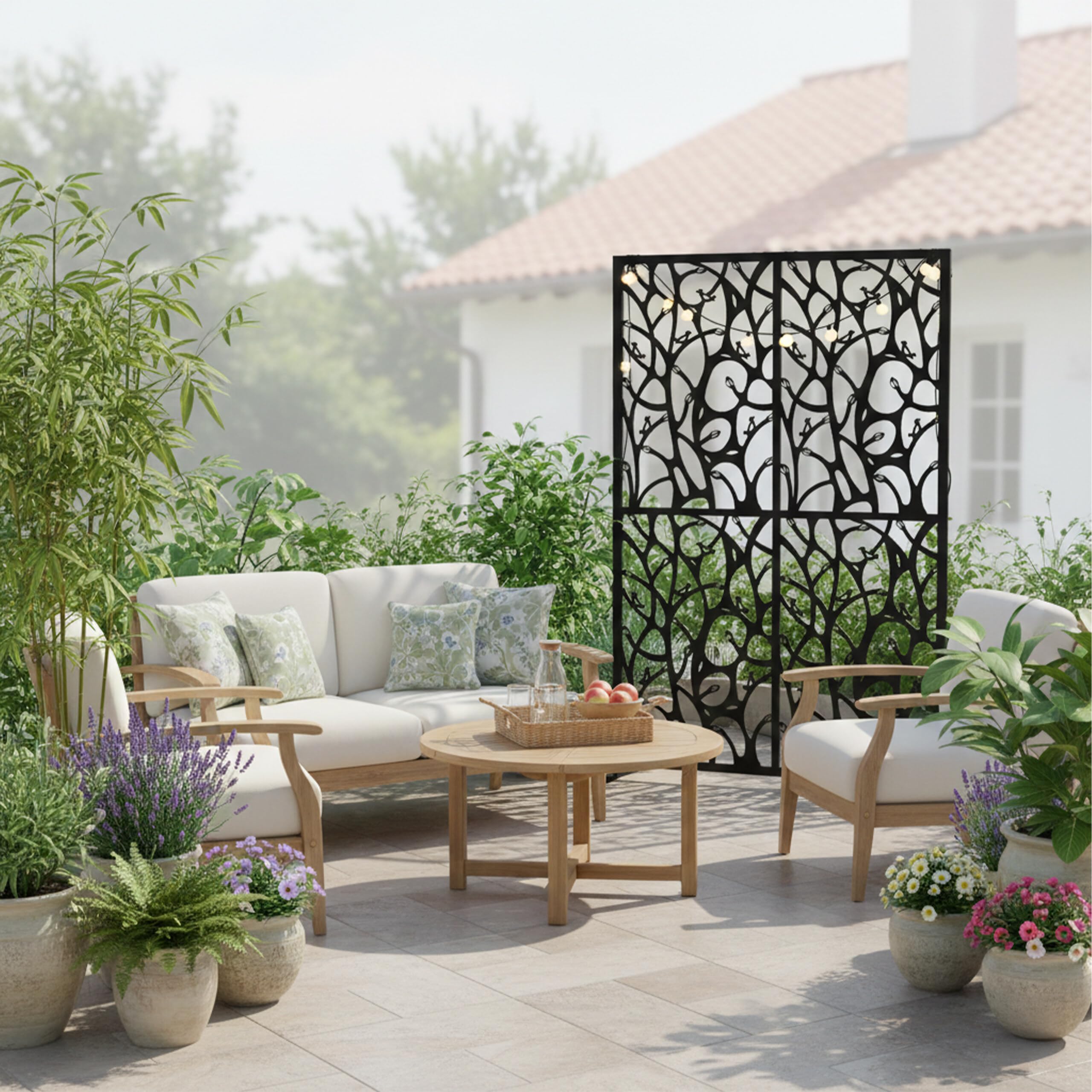 Relaxdays Sichtschutz, Ranken & Vögel, Garten, Balkon & Terrasse, Outdoor Paravant, HxB: 183 x 115 cm, Metall, schwarz