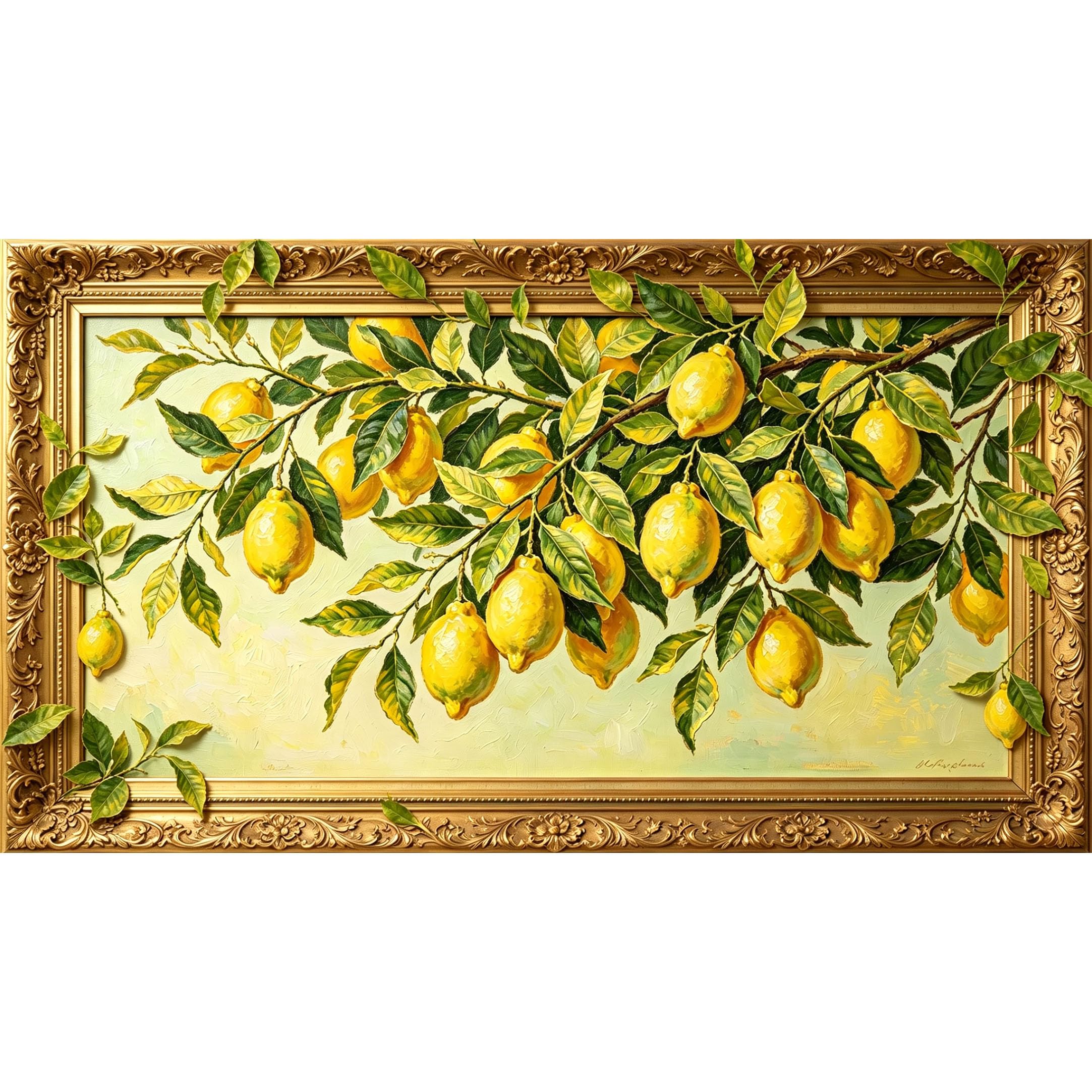 QZLITHOTIC 50x90cm3D Framed Wall Art， Botanical Lemon Branch Oil Painting Self‑Adhesive Mural， Water‑Activated Peel & Stick Fabric Decor Wall Decal for Bedroom Living Room