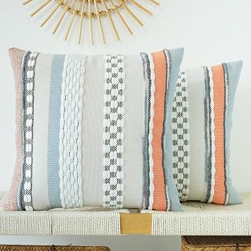 JOJUSIS Pack of 2 Boho Throw Pillow Covers Accent Striped Pillowcovers Farmhouse Decorative Cushion Case Home Decor 18 x 18 Inch Orange Blue