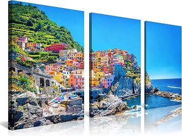 NAN Wind 3PCS Modern Canvas Painting Wall Art Cityscape Traditional Port Mediterranean Sea Cinque Terre Italy Coast Landscape Print On Canvas Giclee Artwork for Wall Decor