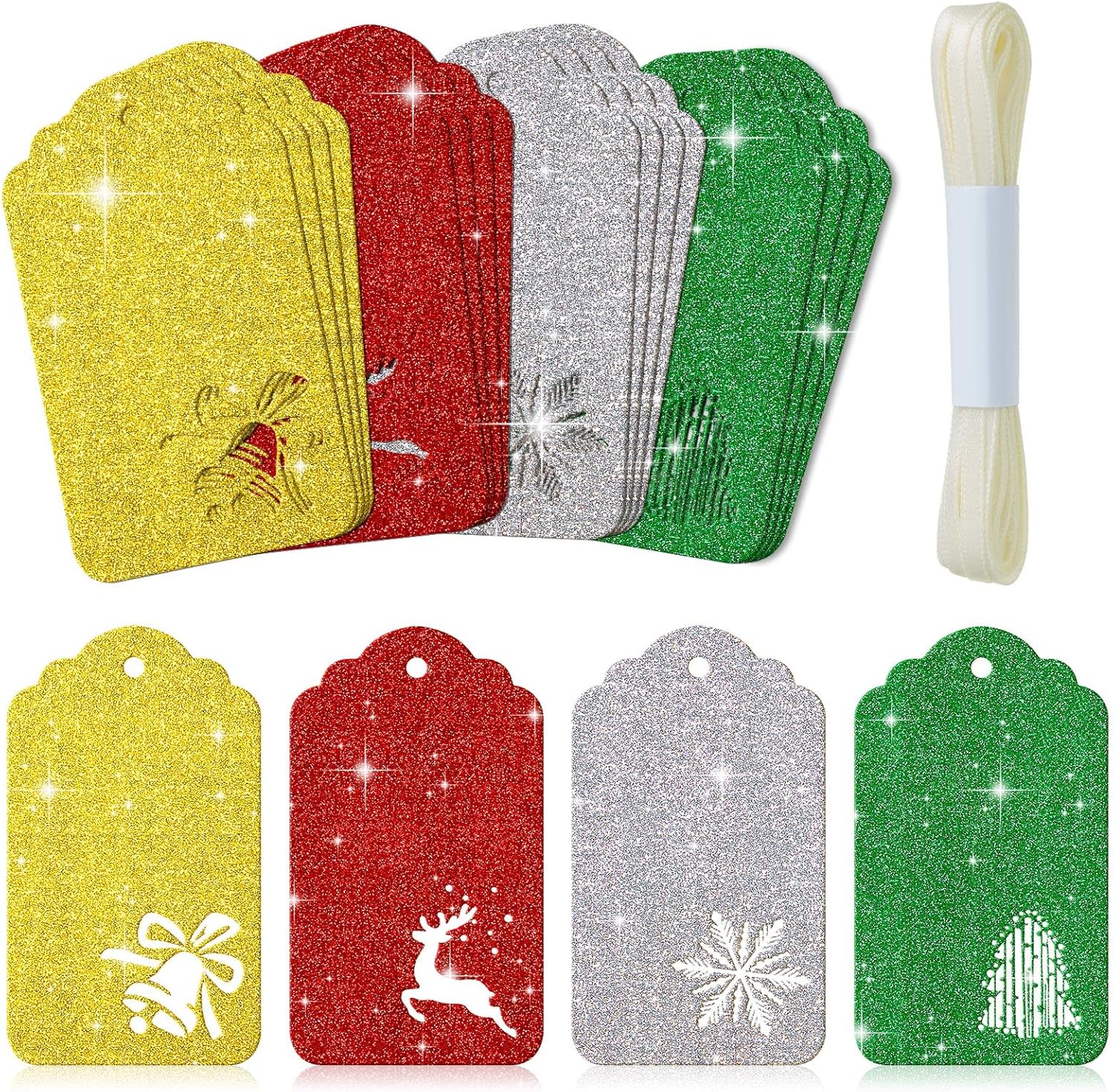 32 Pieces Christmas Glitter Gift Tags Christmas Price Tags with Cords
