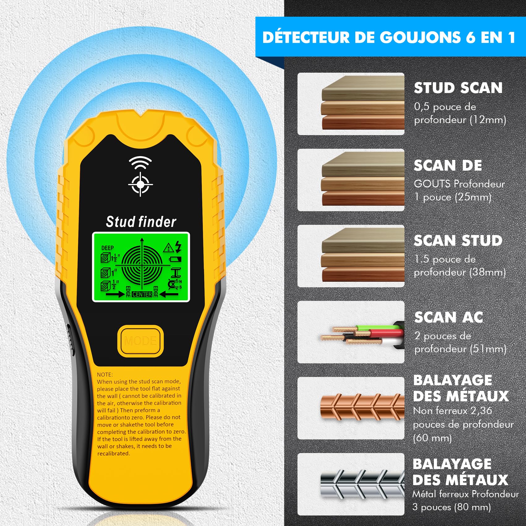 Détecteur de Cable Électrique, Détecteur de Métaux Detecteur de Metaux Professionnel 5 en 1 Détecteurs de Métaux Électriques pour Localiser Les Métaux, Chevilles en Bois, Câbles Électriques CA