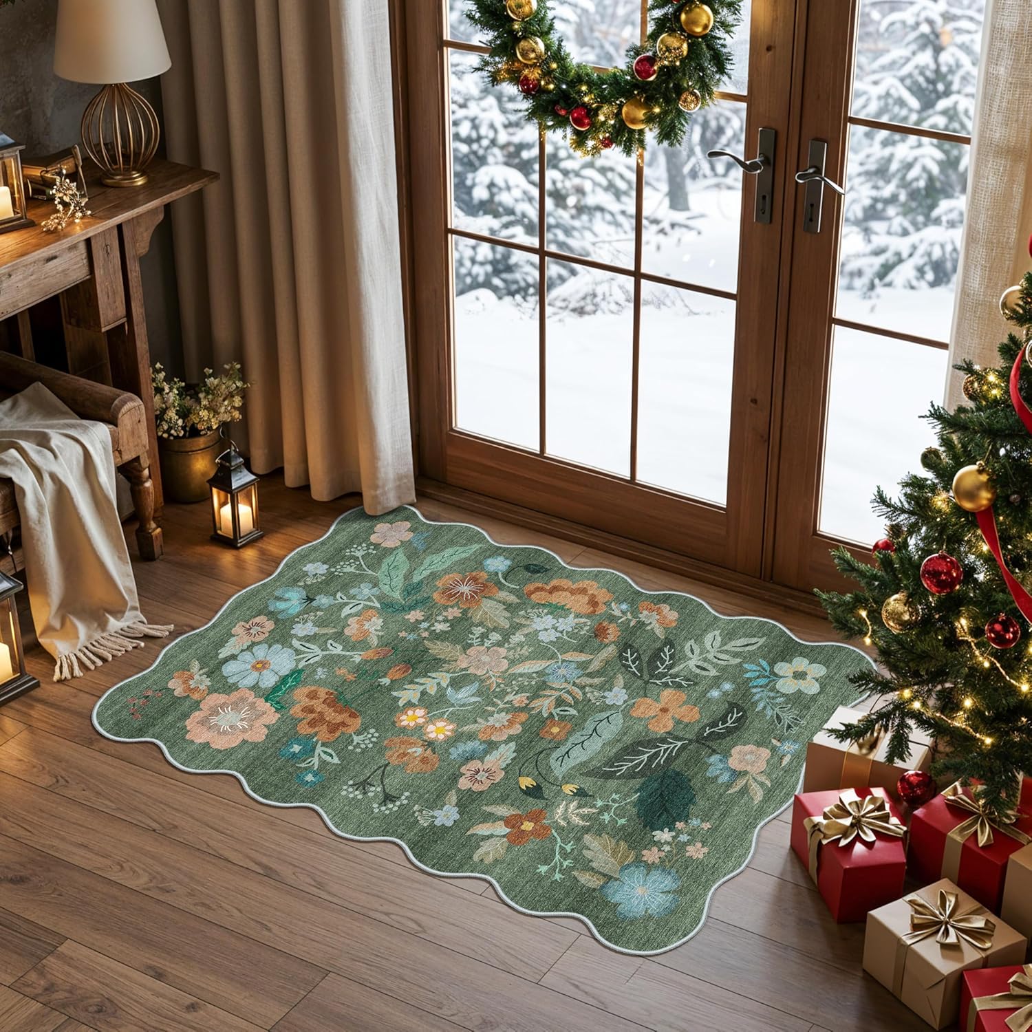 Washable Floral 2x3 Area Rug: Indoor Soft Scalloped Carpet for Entryway Kitchen Nursery Non-Slip Water Resistant Bathroom Laundry Floor Mat Low Pile Durable Door Mat(2x3 Floral/Green) - Image 2