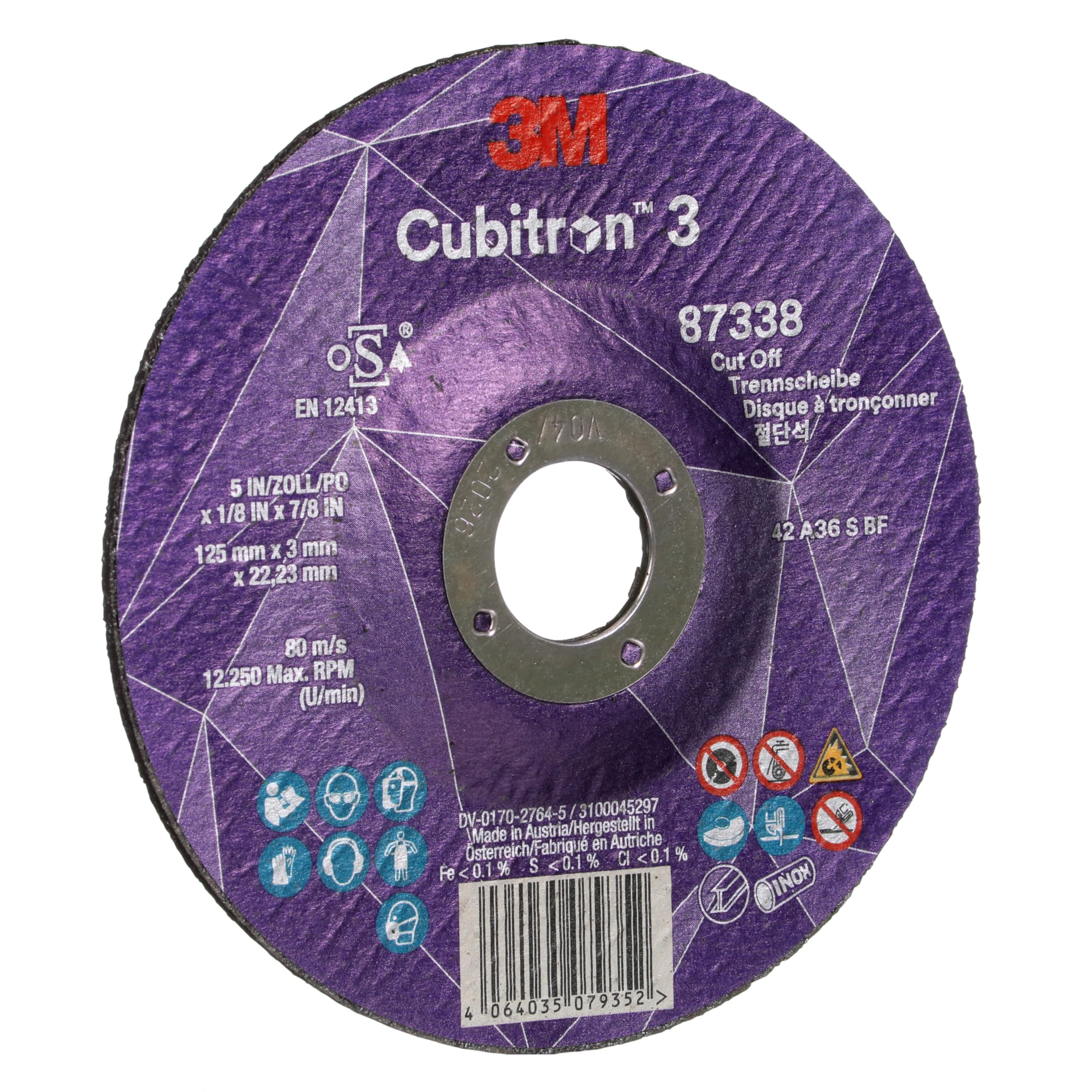 3M Cubitron 3 Trennscheibe, 87338, 36+, T42, 125 mm x 3 mm x 22,23 mm, EN, 25/Pack