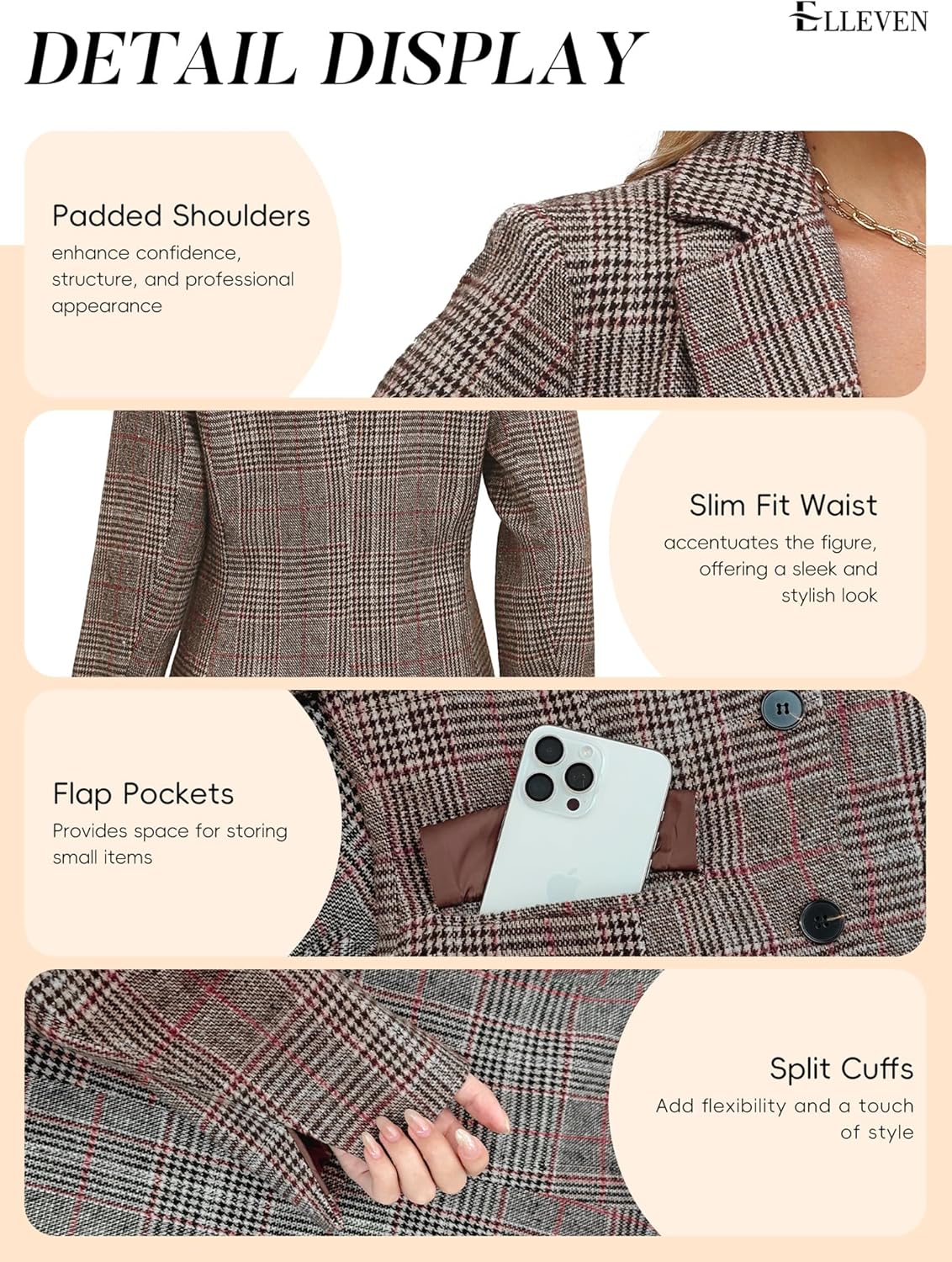 ELLEVEN Women's Lapel Collar Plaid 2 Button Boyfriend Blazer Suit Houndstooth Work Office Blazer Jacket - Image 5