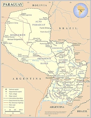 Palmetto Posters Póster laminado 24x31 mapa político y administrativo detallado grande del paraguay con carreteras ciudades y aeropuertos