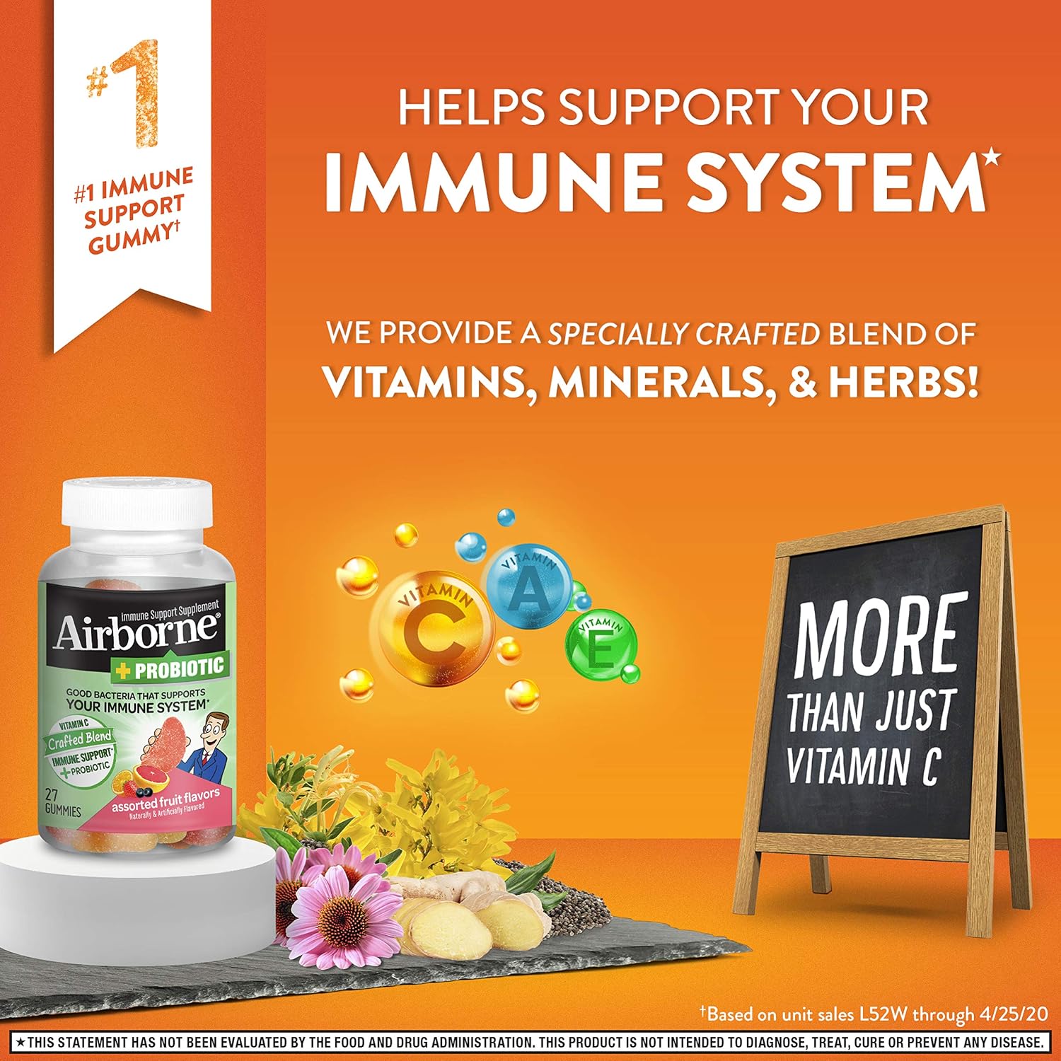 Airborne Vitamin C 750mg (per serving) - Plus Probiotic Gummies (27 count in a bottle), Gluten-Free Immune Support Supplement With Vitamins A C E, Selenium, Echinacea, Ginger, Antioxidants