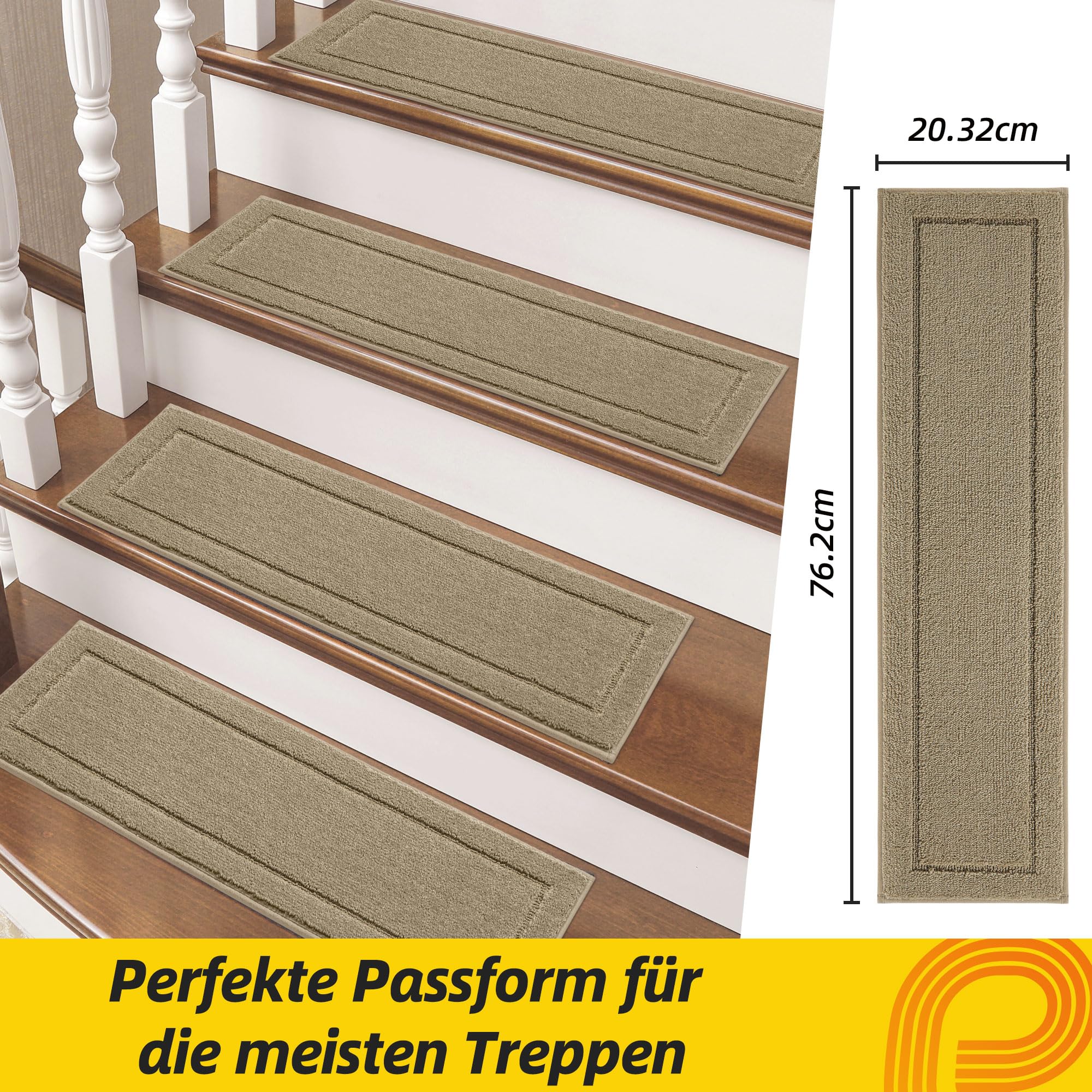 JSEI Stufenmatten Innen rutschfest 15 Stück, 20,3 x 76,2 cm Maschinenwaschbare Treppenteppich Selbstklebend Stufenteppich für Kinder, Älteste und Haustiere, 100% Polyester TPE -Rücken, Beige