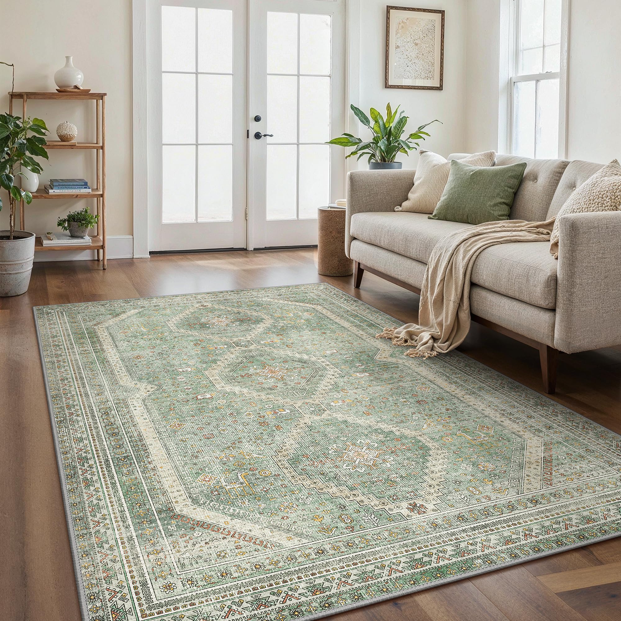 GENIMO Tapis Salon Vintage Moquette pour Chambre Lavable en Machine, Tapis Intérieur pour Chambre, Cuisine, Entrée, Couloir, Vert, 240x300CM