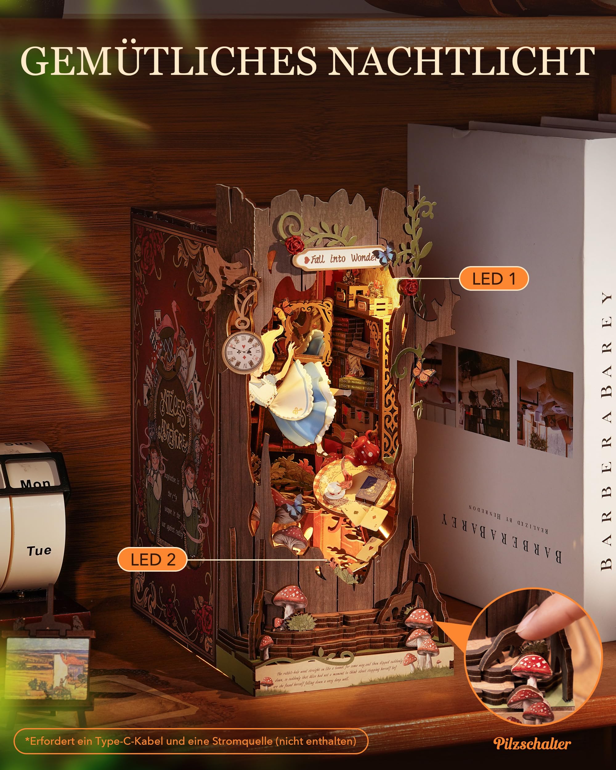 Rolife Fall into Wonder Book Nook Kit für Erwachsene mit Licht | 300-teiliges 3D-Puzzle, Zusammenbau ohne Klebstoff, Gartenhaus Buchstütze Basteln als Bücherregal-Dekoration Geschenkidee