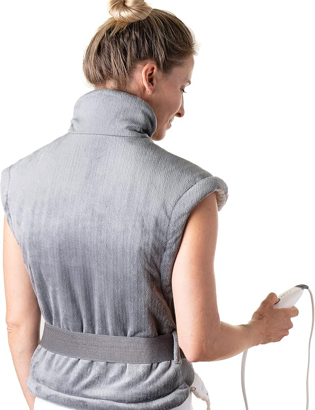 PureRelief XL Almohadilla térmica extralarga para espalda y cuello, terapia de calor segura para dolores musculares, dolor y calambres en cuello, espalda y hombros, 4 configuraciones de calor con apagado automático, tela suave (gris)