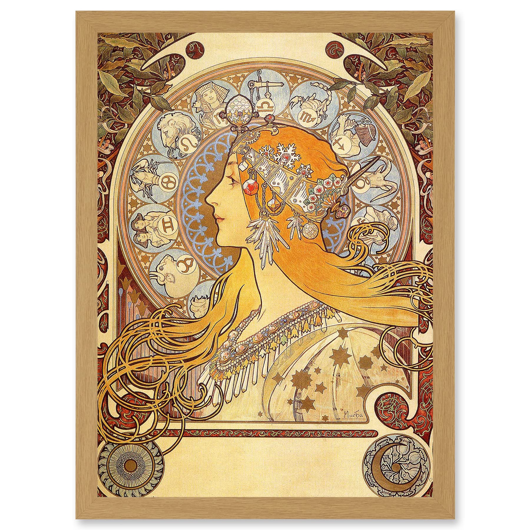 Alphonse Mucha Zodiac Art Nouveau Framed A4 Print - Orange Gold Painting - Artery8