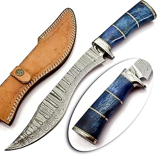 Nooraki - Handmade Damascus Steel Fixed Blade Kukri Knife with Leather Sheath, Full Tang Multipurpose Knife with Coloured Camel Bone Handle for Hunting, Hiking, Camping, Survival, 14.5" Length -MK114 - Nooraki