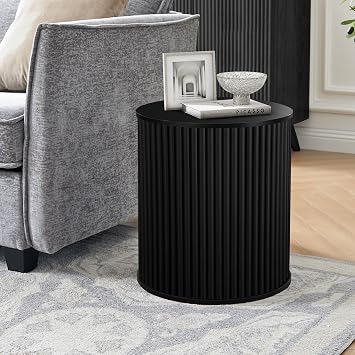 AVZEAR Fluted Round Side Table with Storage, Small Mid Century End Table Fluted Nightstands, Modern Circle Bedside Tables Wood Night Stand for Small Spaces, Living Room, Bedroom Black