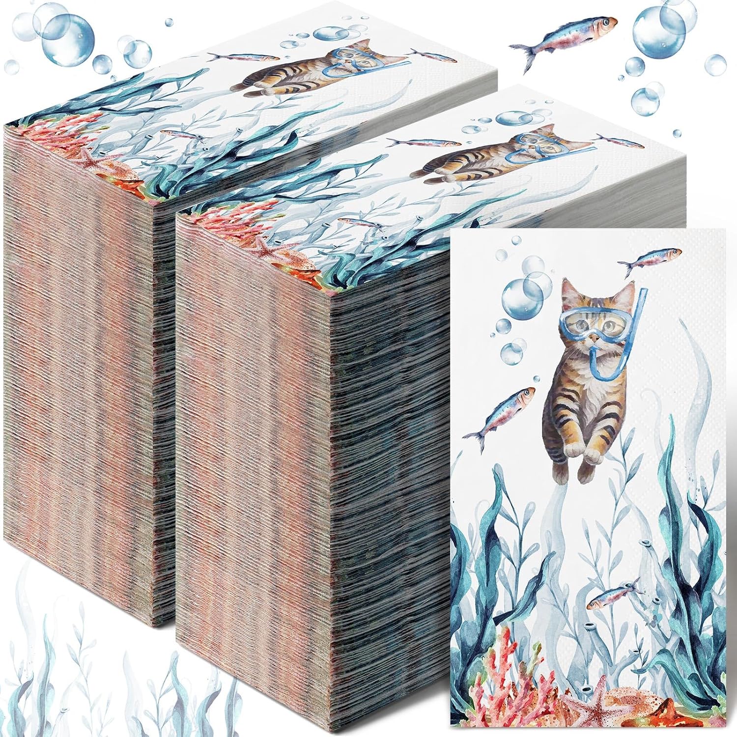 200 Pcs Funny Cat Diving Disposable Guest Towels for Bathroom Teal Blue Decorative Paper Hand Towels Coastal Guest Napkins Sea Ocean Dinner Napkins for Baby Shower Holiday Party Supplies
