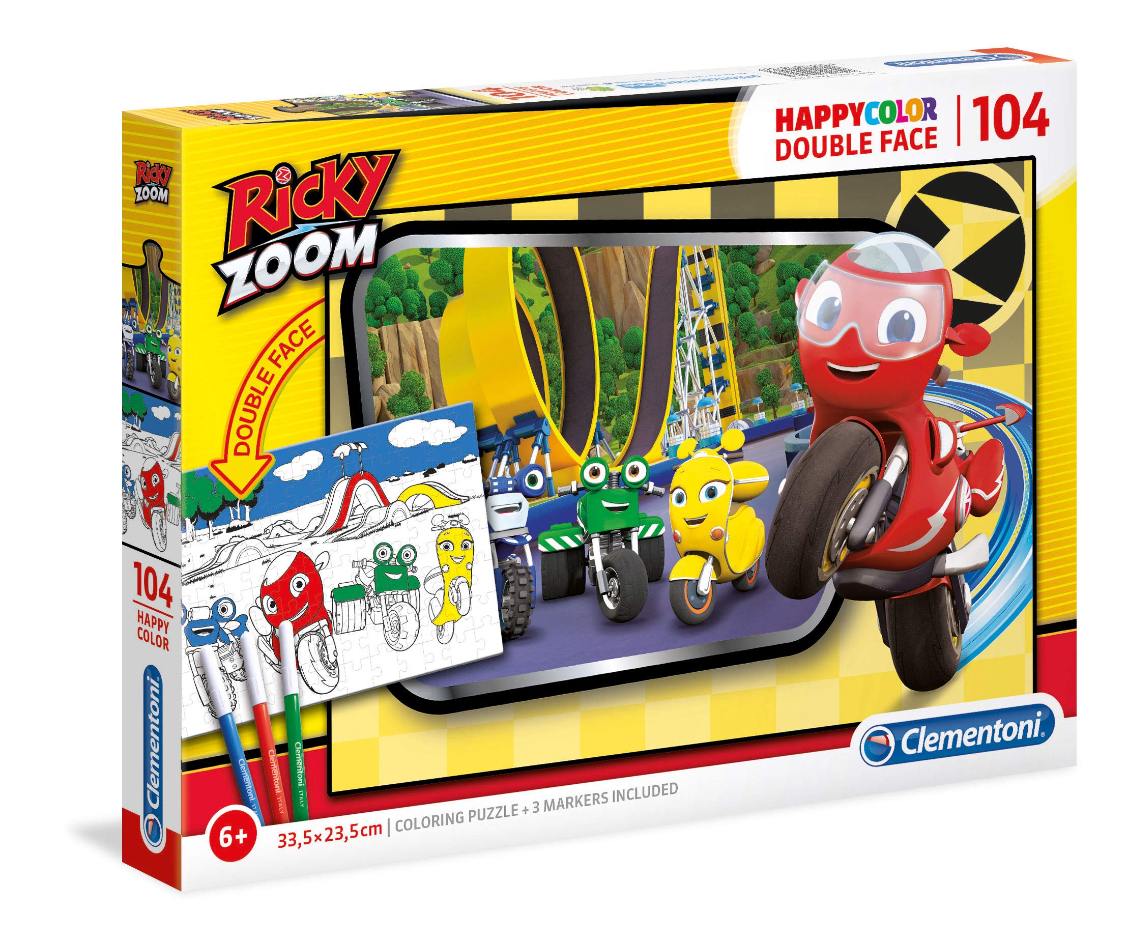 Clementoni Happy Color Puzzle 'Ricky Zoom' – 104 Teile, Doppelseitig Mit Ausmalmotiv, Inkl. 3 Filzstiften, Ab 5 Jahren