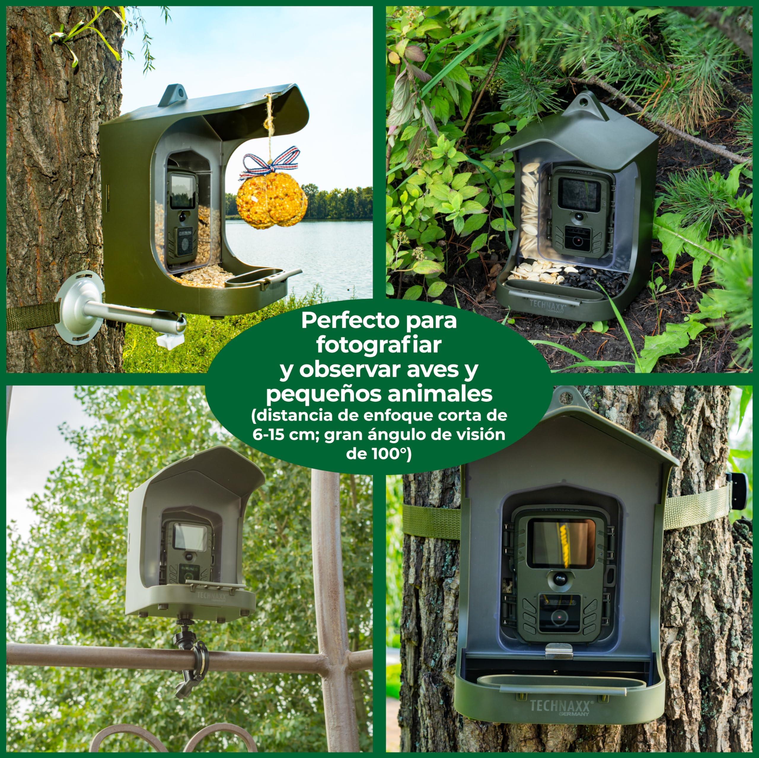 Technaxx Estación de la cámara del alimentador del pájaro de Technaxx con el convite Que cuelga, Caja de 150 g para el alimento y - resolución Video de FullHD - Kit versátil de la instalación TX-165