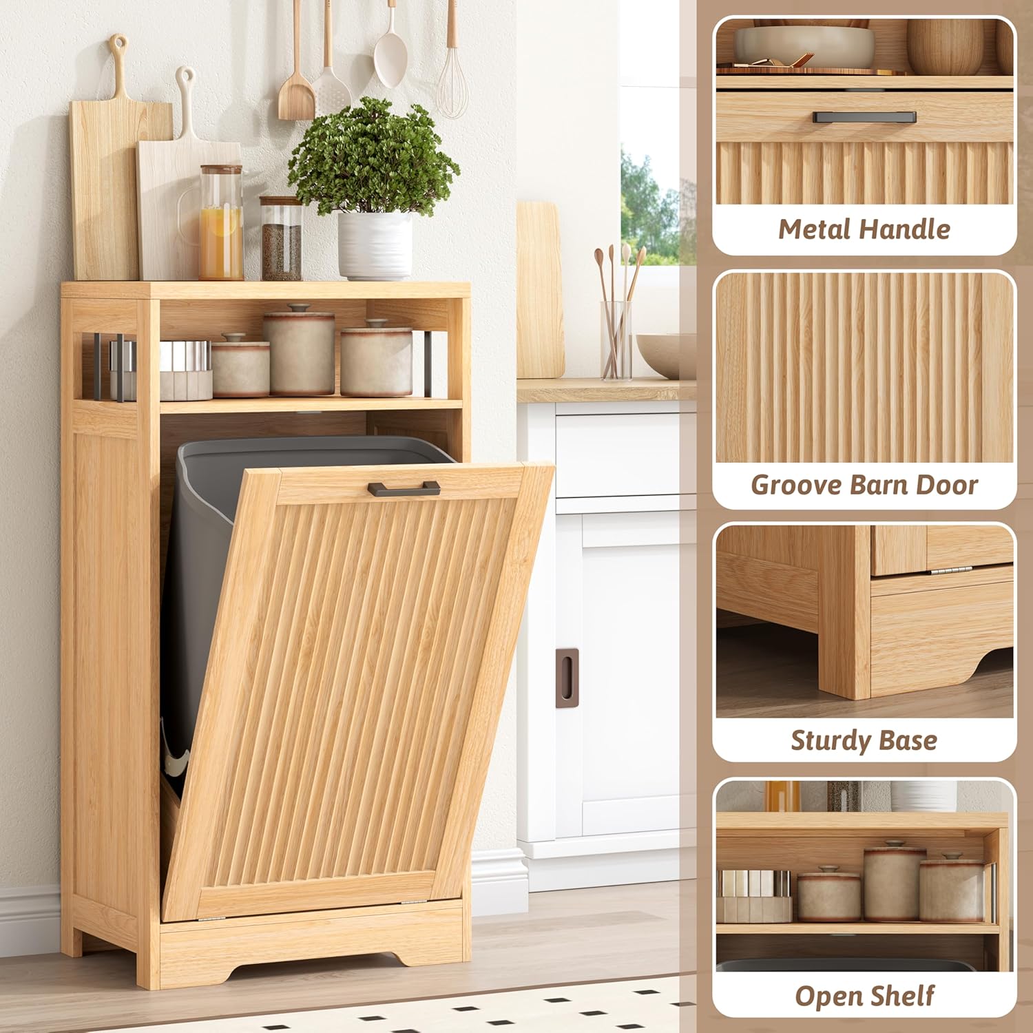 13 Gallon Tilt Out Trash Can Cabinet with Open Shelf & Storage - Pet Proof Hidden Recycling Cabinet & Wooden Laundry Hamper for Kitchen, Bathroom, Living Room, Natural Wood