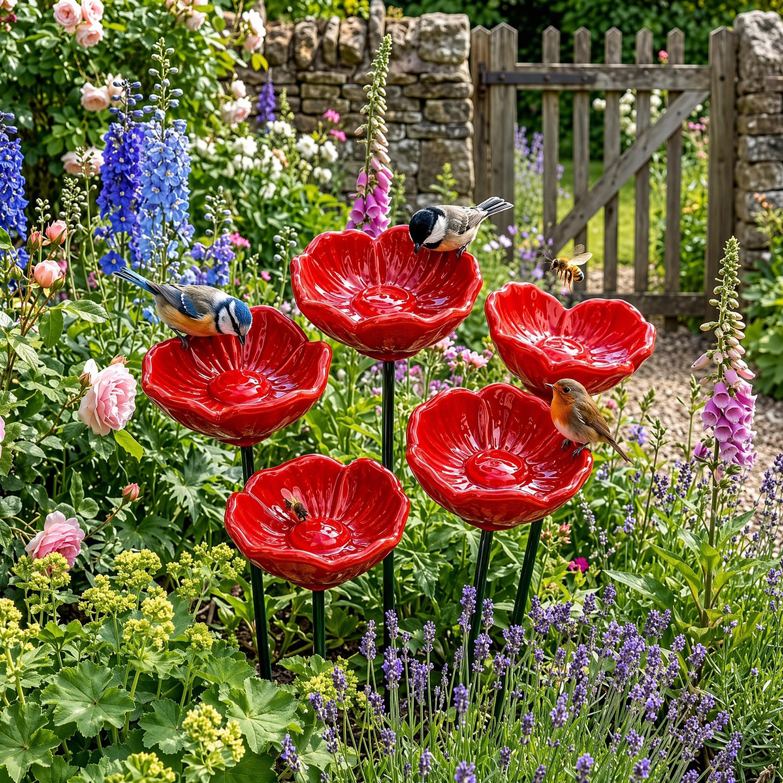 Handmade Ceramic Mini Pollinator Watering Station, Colorful Flower Bee Water Feeder & Butterfly Bird Bath, Weather-Resistant Small Outdoor Garden Stakes Yard Art Decor for Patio Lawn Balcony — image 1