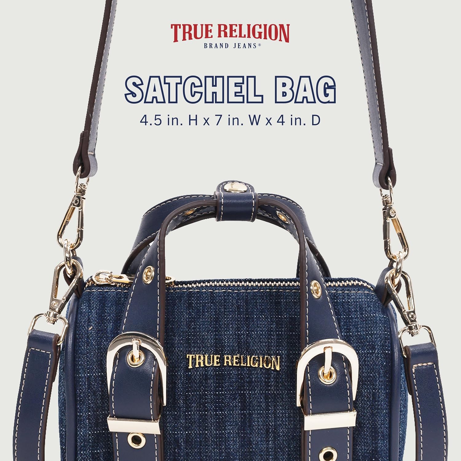 True Religion Denim Buckle Strap Mini Satchel Bag, Structured Dark Denim Crossbody Handbag, Dark Denim - Image 2