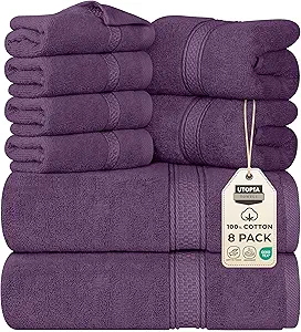 Utopia Towels 8 Piece Premium Towel Set, 2 Bath, 2 Hand, and 4 Wash Cloths, 600 GSM 100% Ring Spun Cotton, Highly Absorbent Towels for Bathroom, Gym, Hotel, and Spa, Plum