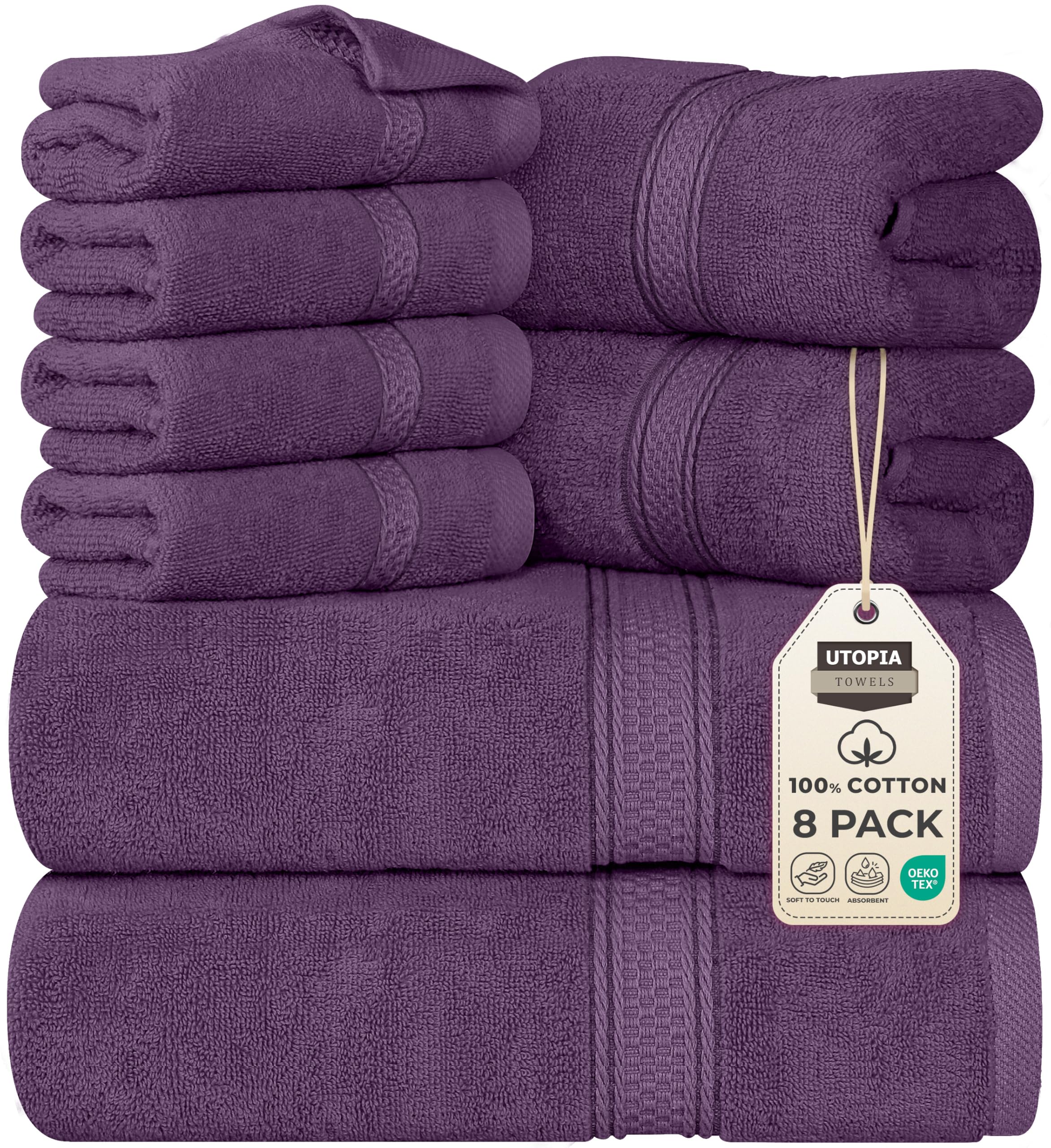 Towels 8 Piece Premium Towel Set, 2 Bath, 2 Hand, and 4 Wash Cloths, 600 GSM 100% Ring Spun Cotton, Highly Absorbent Towels for Bathroom, Gym, Hotel, and Spa, Plum