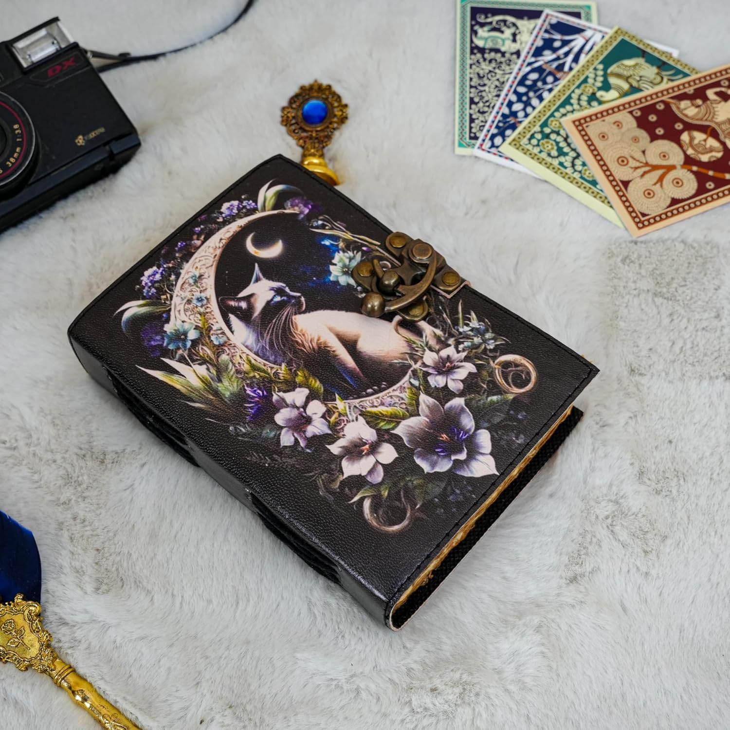 Blank Spell Book of Shadows Journal Little Witch Cat Printed Witchcraft Supplies Wiccan Notebook Handmade Vintage Deckle Paper Grimoire Journal Leather Sketchbook, Drawing Journal (7 X 5)