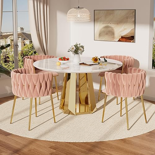 Miniatura 9 de Moderno juego de mesa redonda de comedor para 4, juego de mesa de comedor de mármol blanco de 5 piezas, mesa de comedor dorada de lujo y 4 sillas