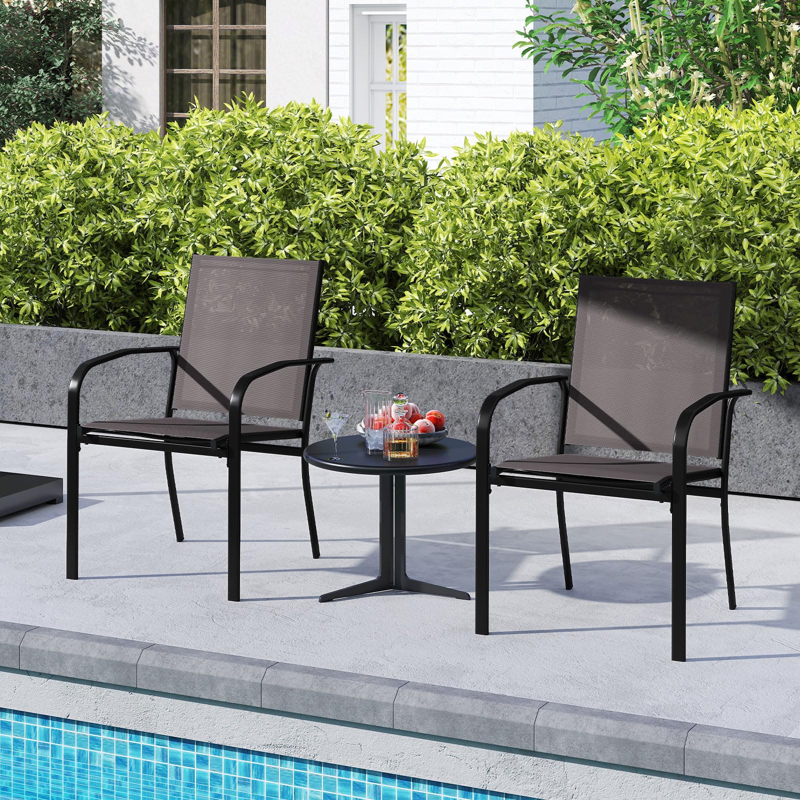 COSTWAY Lot de 2/4 Chaises de Jardin Exterieur Empilable, Chaise de Salle à Manger, Tissu Respirant, Dossier Haut, Cadre en Métal, Fauteuil Exterieur pour Jardin Terrasse Balcon, Charge 150 kg (4)