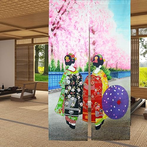 Miniatura 3 de LIGICKY Noren - Cortina larga de puerta de estilo japonés, Kyoto Geisha Girls en Kimonos y flores de cerezo, tapiz para decoración del hogar, 33.5 x