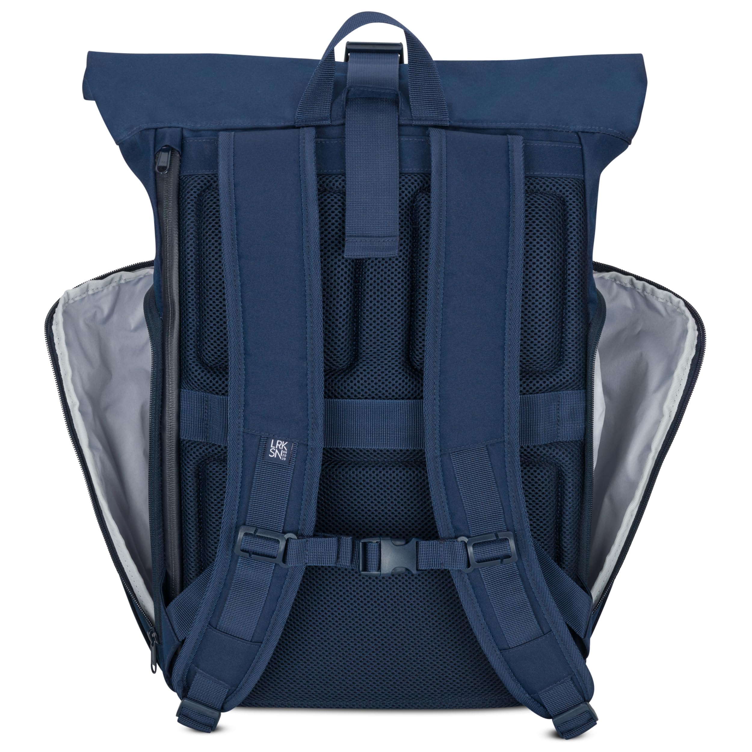 LARKSON Plecak damski i męski – No 4 Large – Rolltop Backpack 21 l z kieszenią na laptopa o przekątnej ekranu 16", do pracy i na rowerze – duży plecak podróżny z paskiem na kółkach, granatowy, jeden