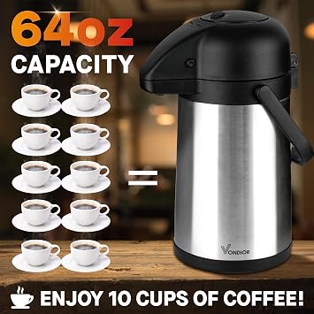 (64 Oz + 102 Oz) Airpot Coffee Dispenser with Pump, Insulated Thermal Coffee Carafe - Stainless Steel Hot Beverage Dispenser - Thermos Urn for Hot/Cold Water, Drink Dispenser for Parties