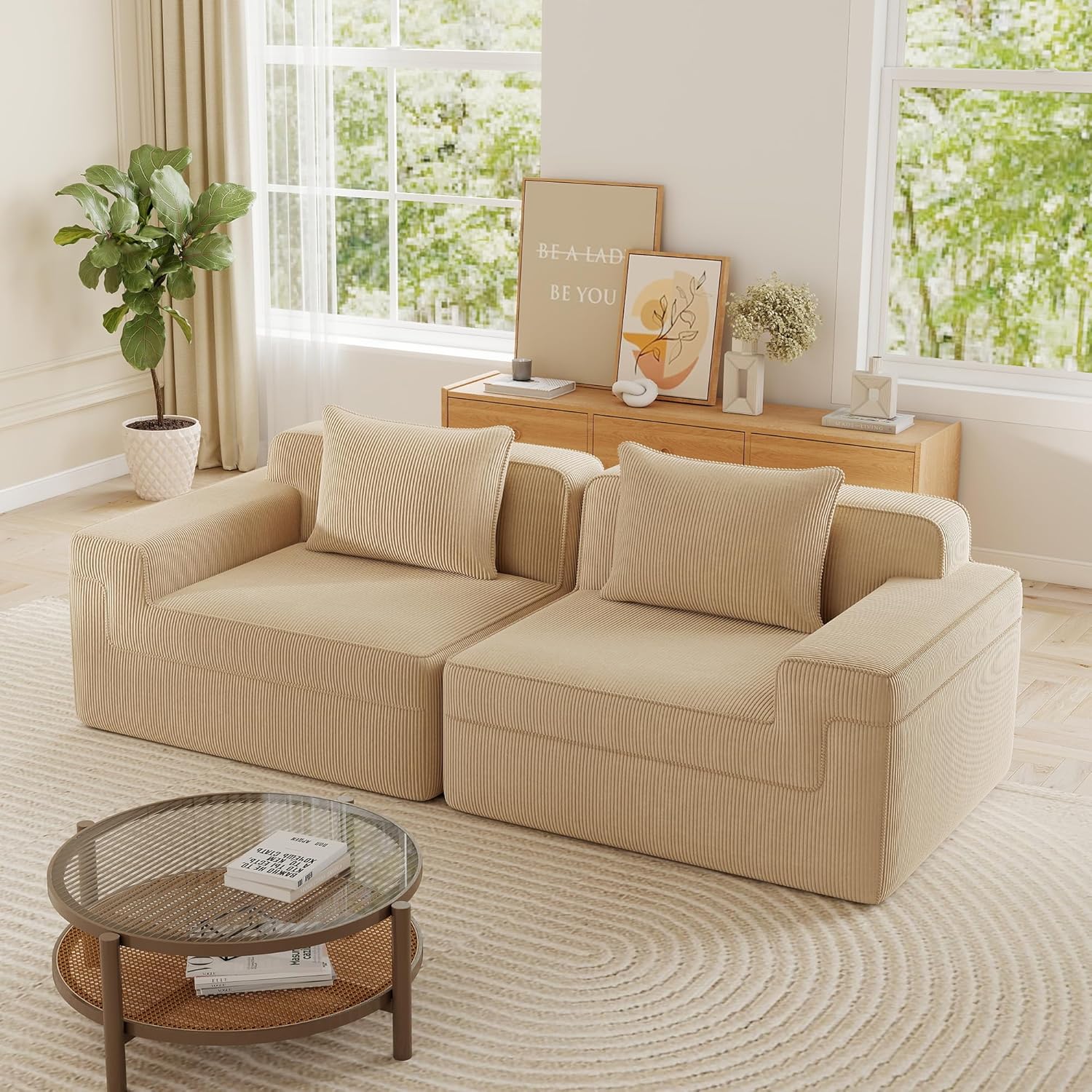 Modular Sectional Cloud Couch, 81.1'' Boneless Couch Sofa with Deep Seat, Corduroy Modern Sofa for Living Room, No Assembly, Loveseat, Camel