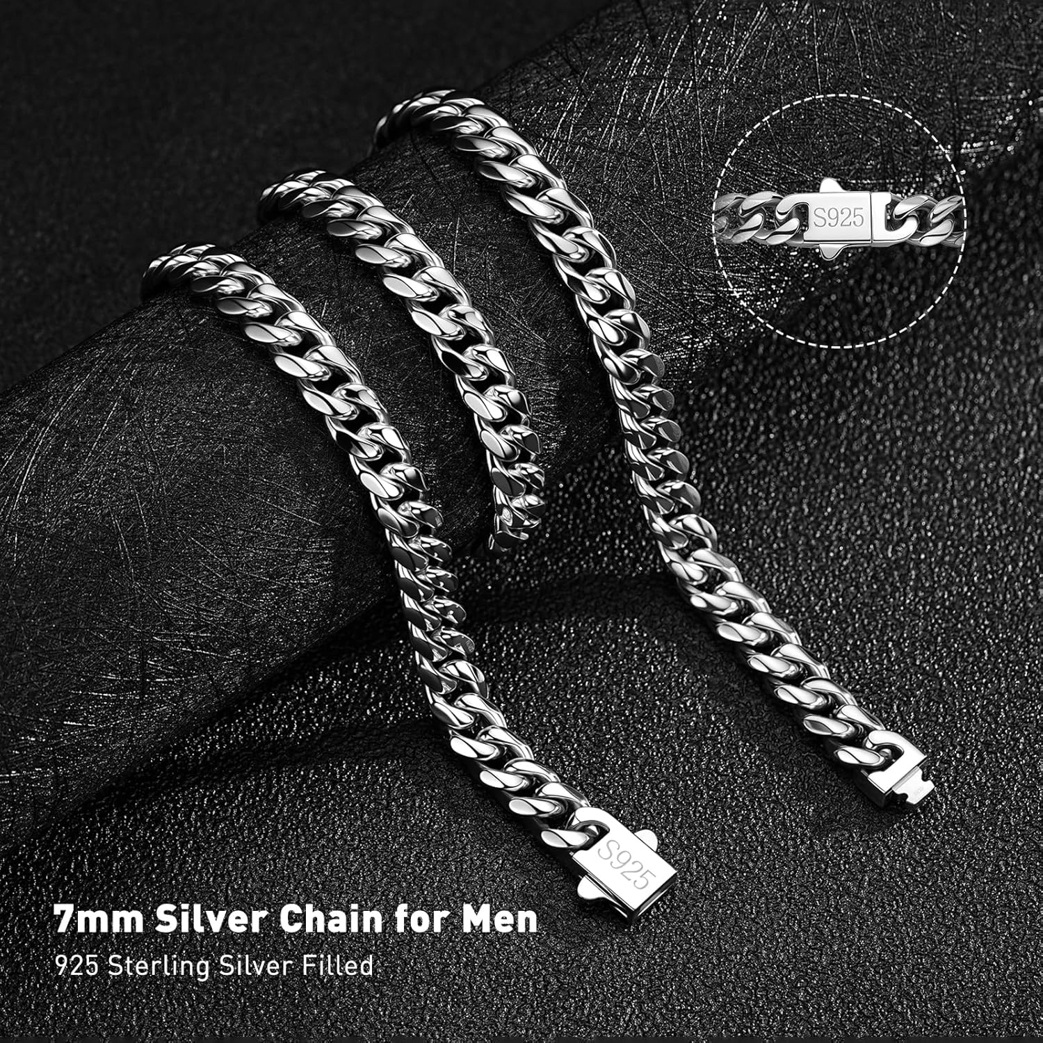 7MM Stainless Steel Mens Cuban Link Chain,Black Metal/925 Sterling Silver Plated Men Chain Necklaces Black/Silver Chain for Men Necklace - Image 3
