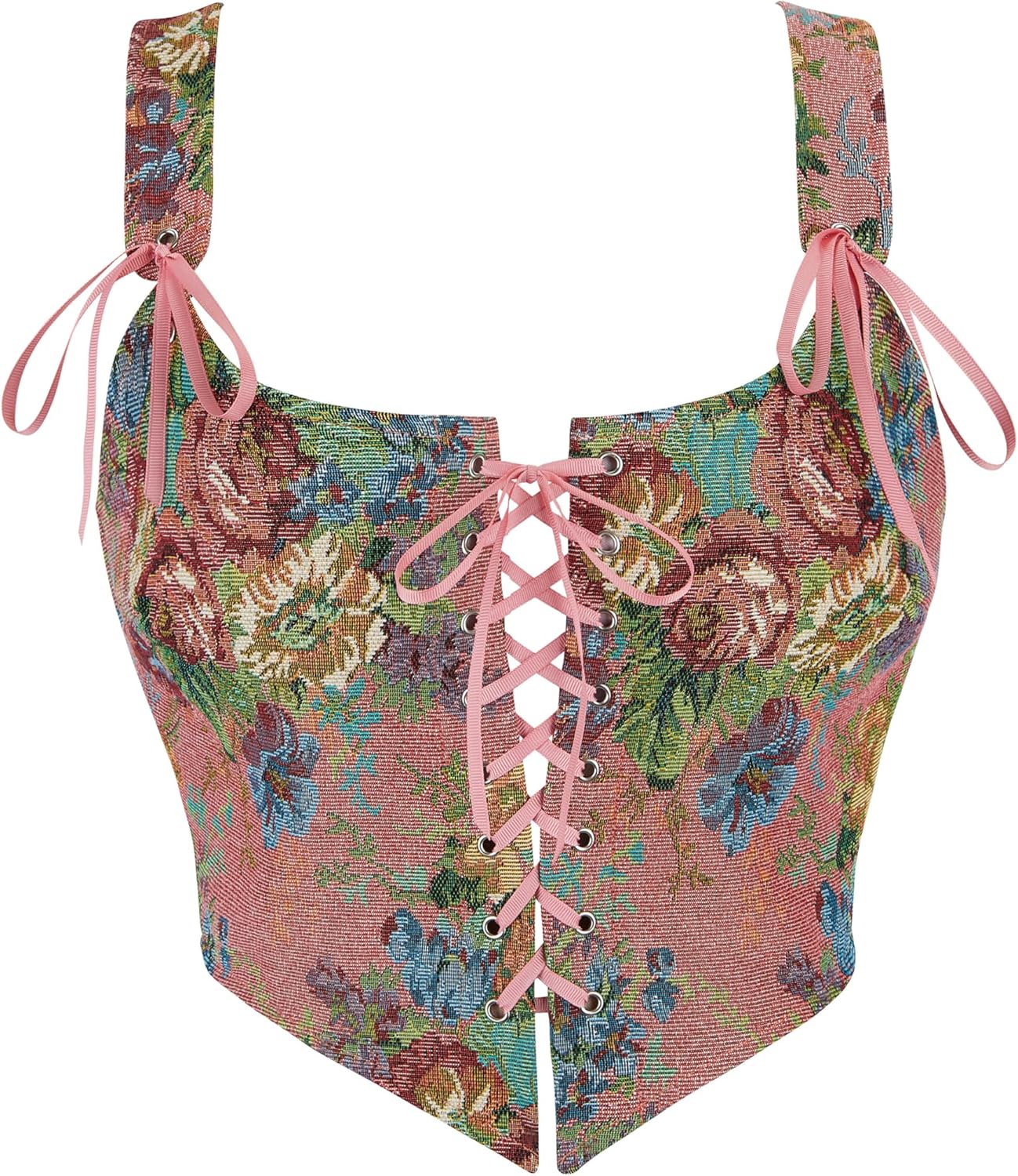 Dreay Womens Vintage Floral Print Grommet Lace Up Tie Front Corset Bustier Shapewear Top