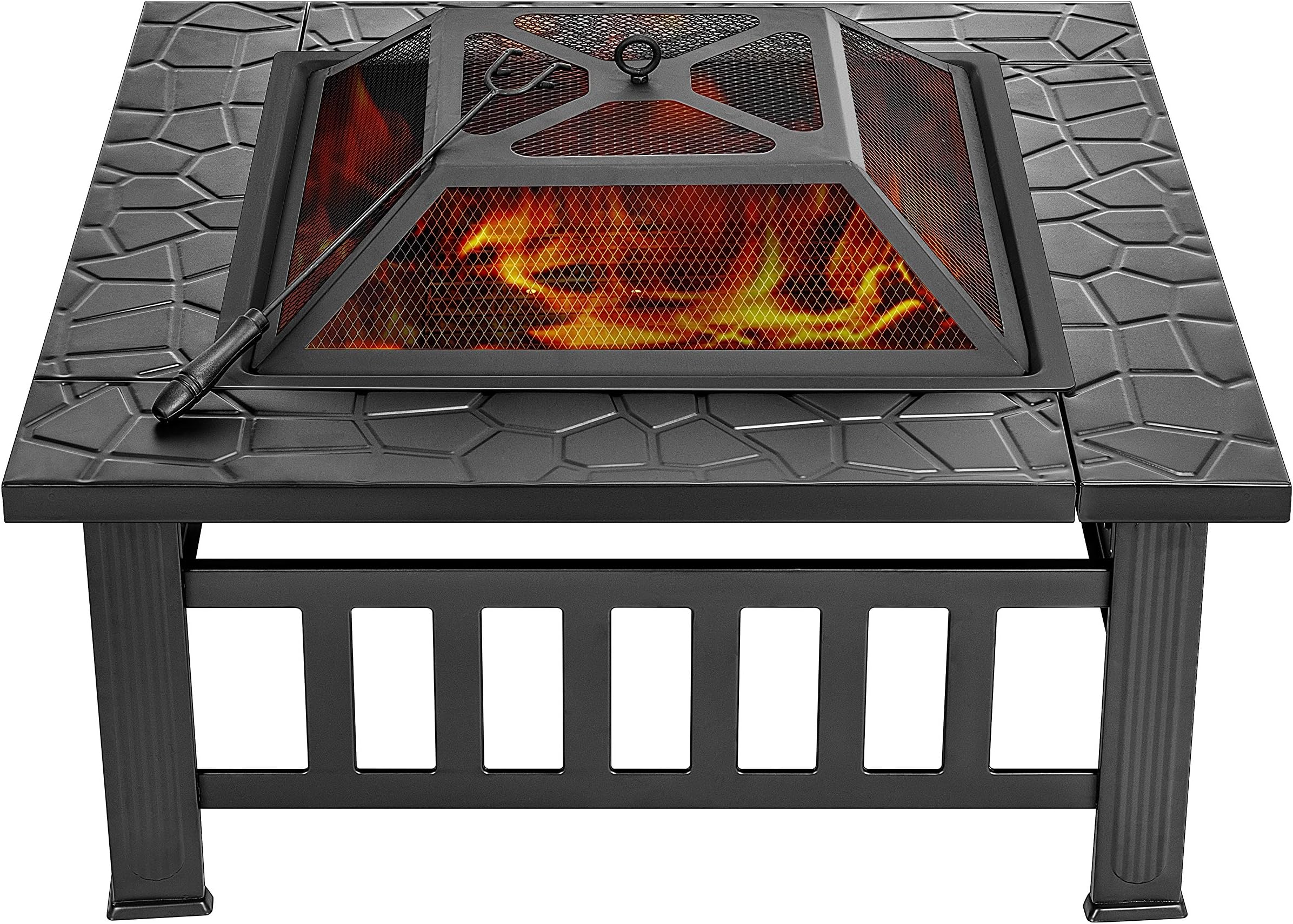 VIVOHOME 32 Inch Heavy Duty 3 in 1 Metal Square Patio Firepit Table BBQ Garden Stove with Spark Screen Cover Log Grate and Poker for Outside Wood Burning and Drink Cooling Black
