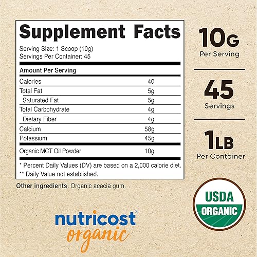 Miniatura 2 de Nutricost Aceite orgánico MCT en polvo de 1 libra, certificado orgánico USDA, ideal para dietas cetogénicas, cetosis y cetogénicas, cero