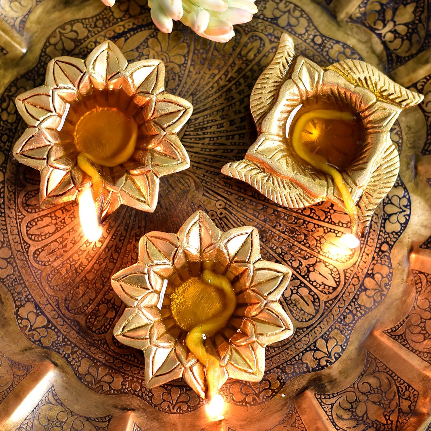 Indian Shelf Handmade Golden Pack of 3 Swastika Flower Engraved Diya Oil Lamp for Diwali Gift Decoration