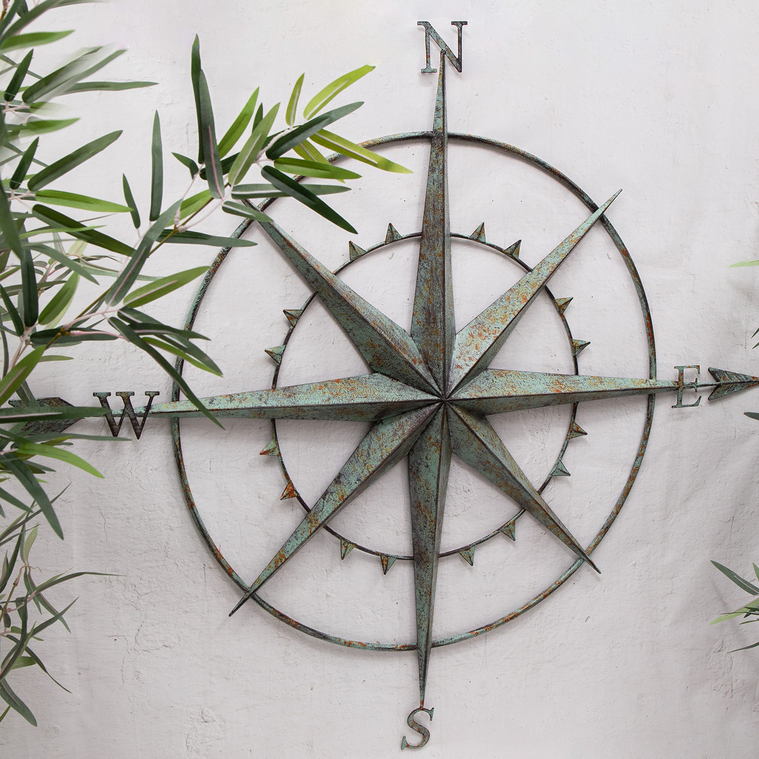 Annibells Rustic Green Rustic Compass Green Metal Antique Wall Art Garden Vintage Sculpture Plaque Decor 95Cm