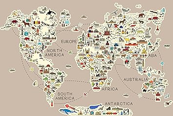 Life N Colors, Cute World Map with Animals and Monuments for Kids, Wallpaper and Wall Murals for Boys and Girls Room Walls, Self-Adhesive, DIY, Washable (2 feet X 3 feet)