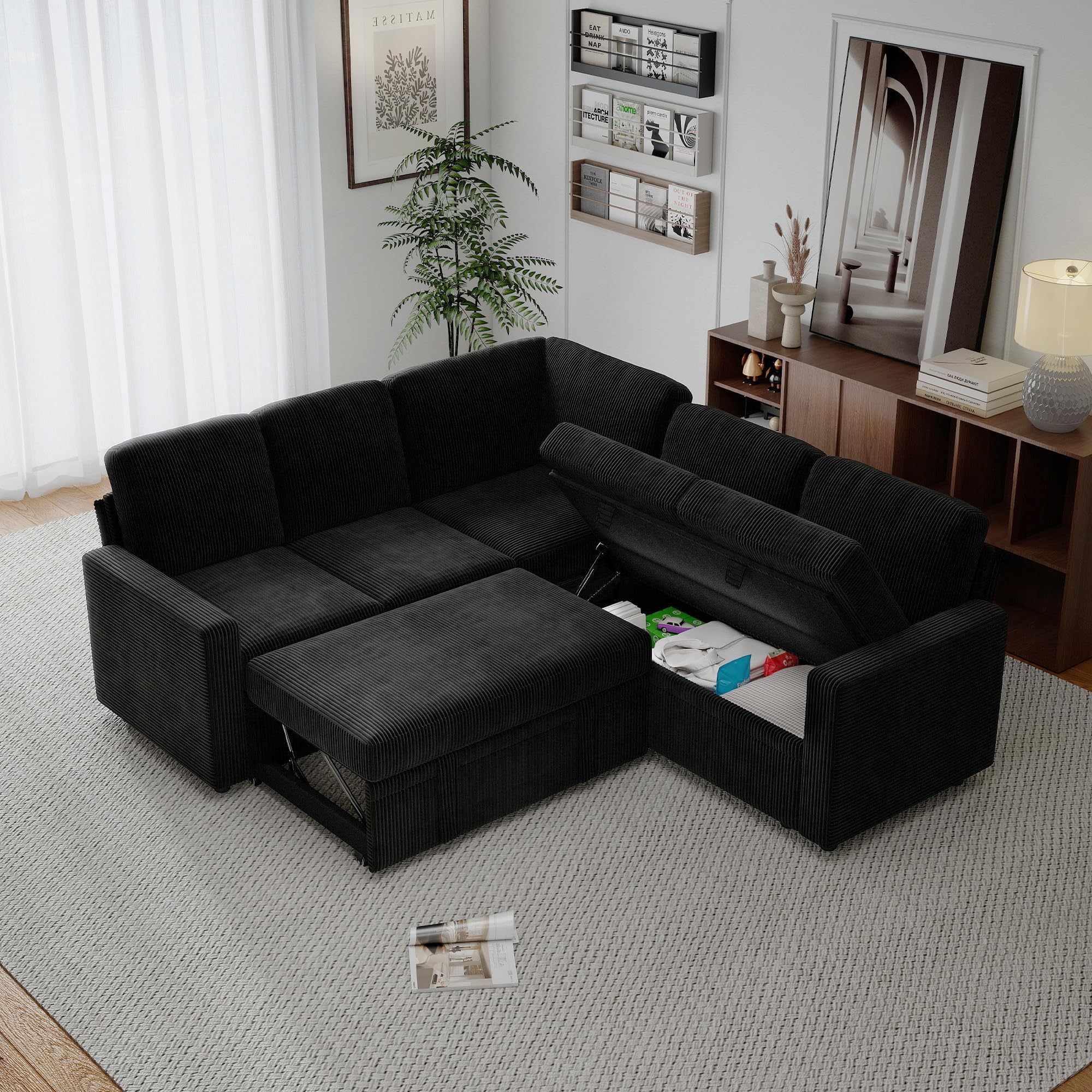Corduroy L Shaped Sofa Set for Living Room,5 Seater Modular Sectional Sofa Couch with Storage,Modern Corner Couch Bed,Convertibe Pullout Sleeper Sofas for Bedroom (Corduroy Black, 5 Seater)