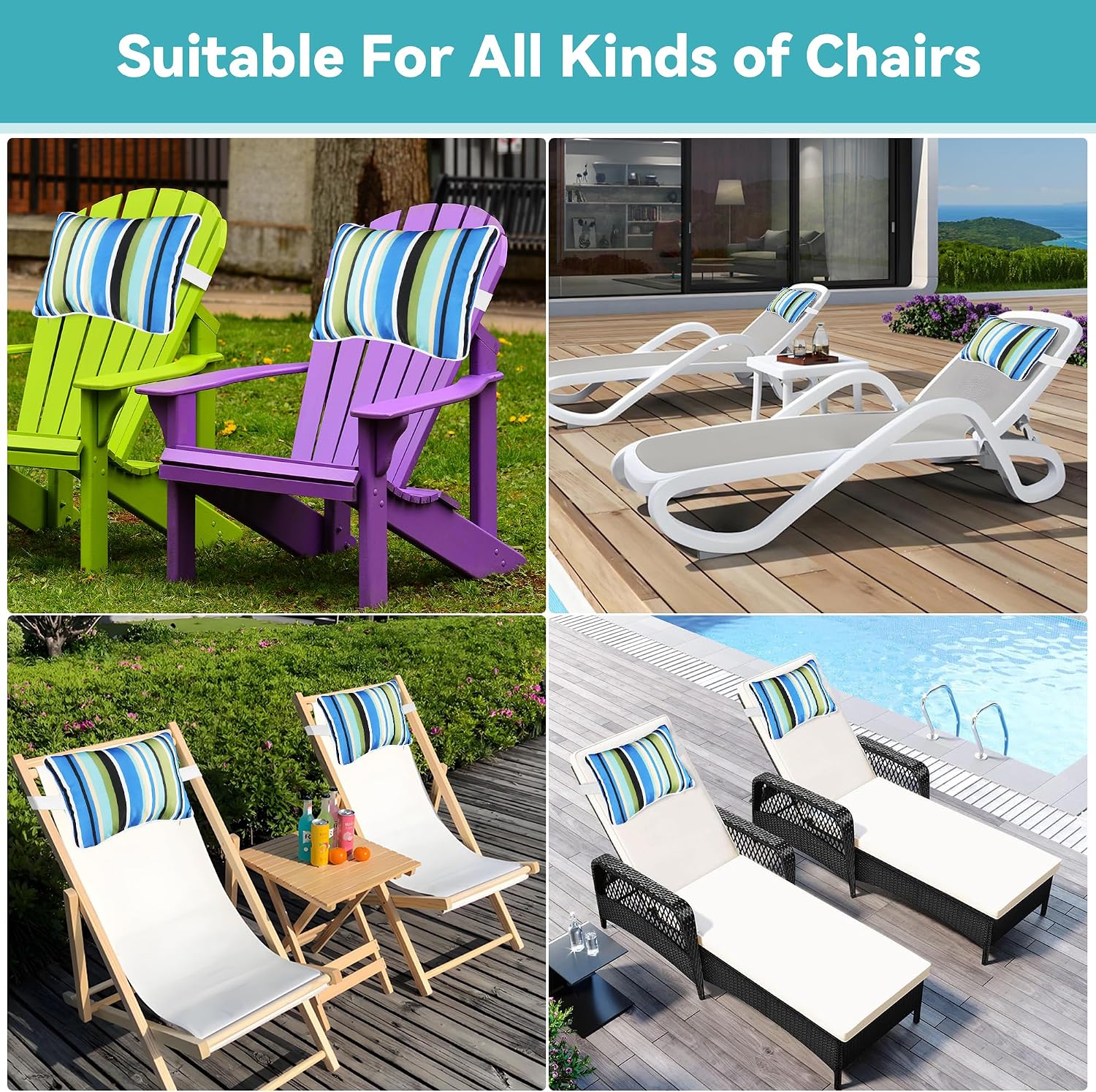 Enipate Outdoor Pillow for Chaise Lounge Chair Pack of 2 Water Resistant Headrest Lumbar Pillows with Adjustable Elastic Strap Removable Machine Washable for Pool Patio Beach Chair Garden Furniture