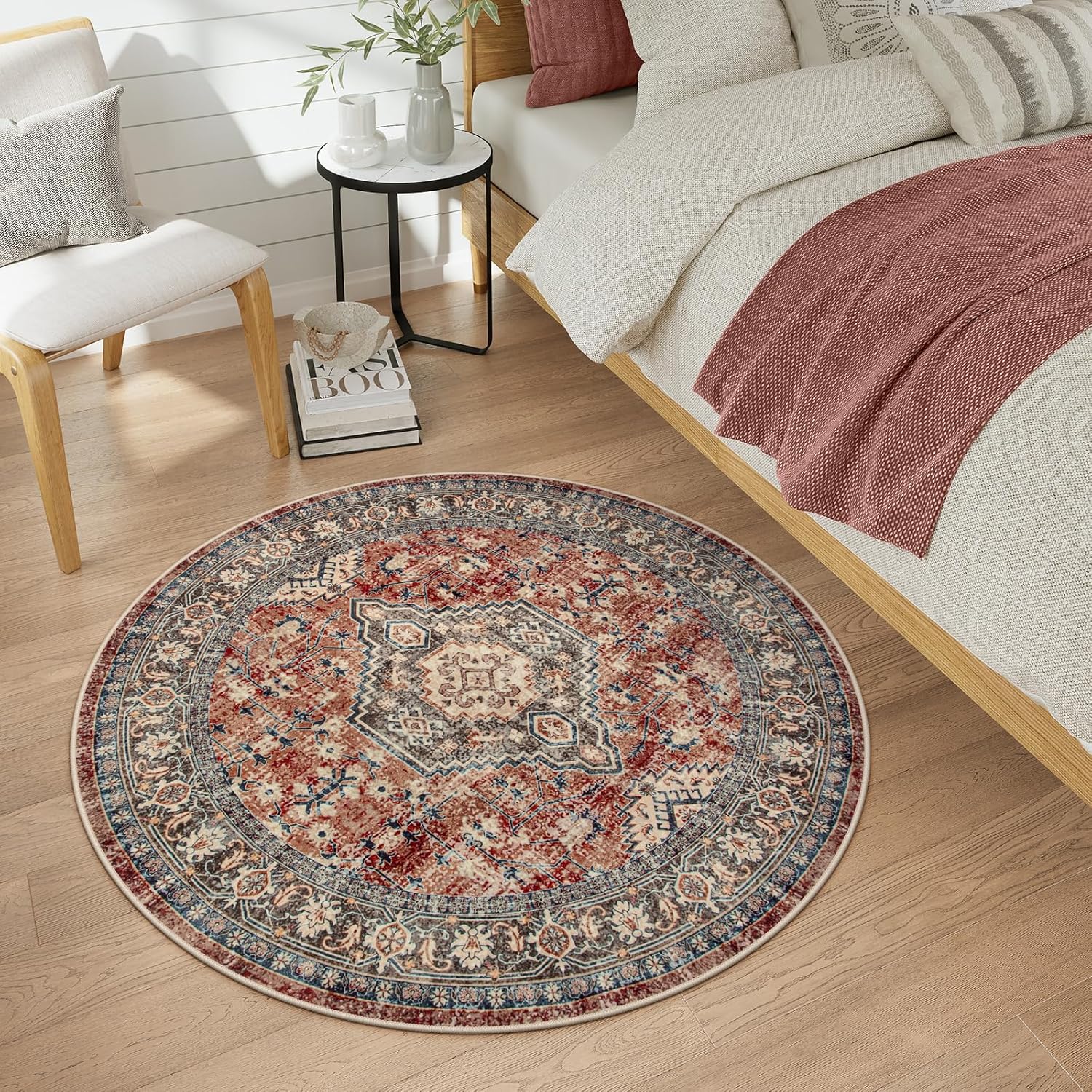 Lahome Oriental Washable Round Rugs, Non-Slip Round Rug 4ft Ultra-Thin, Vintage Soft Small Circle Carpet for Entryway Kitchen Bedroom Nursery Bathroom, Brick Red - Image 5