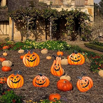 2-Pack Metal Pumpkin Garden Stakes With Witch Hats - Halloween Outdoor Decor 32" & 30.7" Height